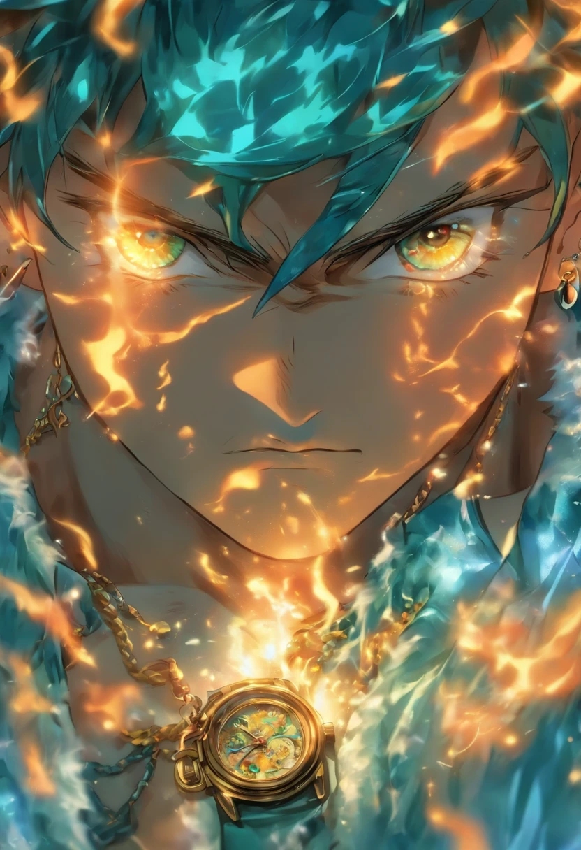 um menino usando um colar de anime, a watch necklace and fire earrings, fotos coloridas animadas, Masami Teraoka, aquamarine, Paulo Gauguin, Estilo Embry, Retrato honesto