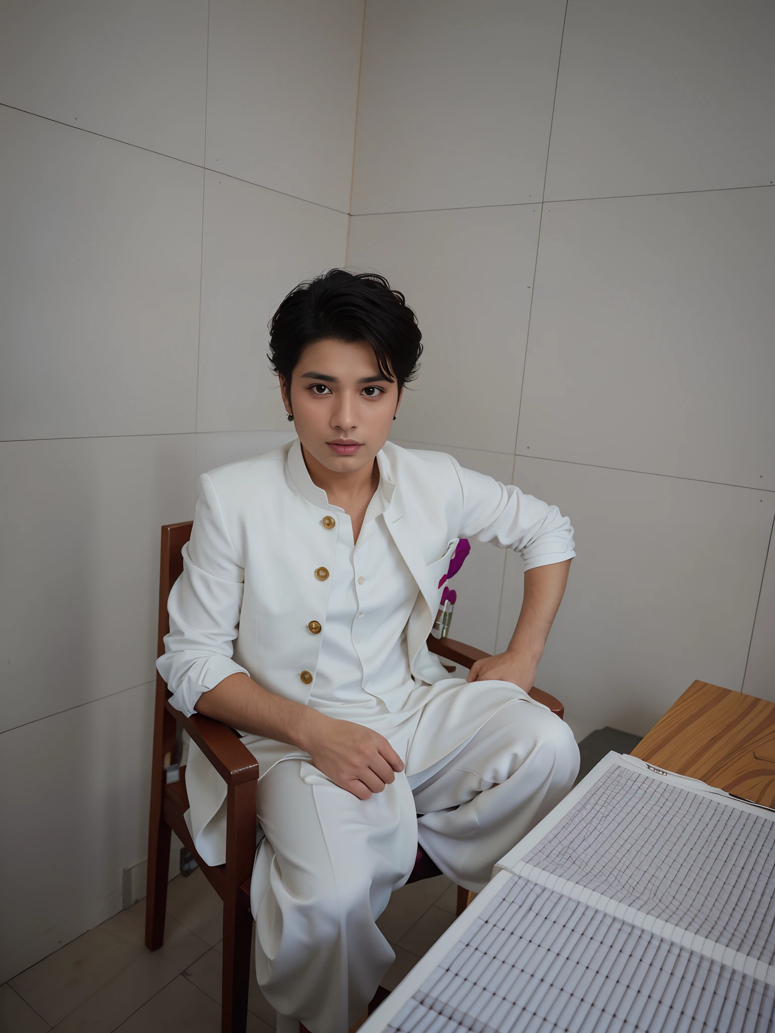 there is a man sitting in a chair in a room, khyzyl saleem, handsome man, an afghan male type, wearing white suit, mid shot portrait, by Riza Abbasi, kyza saleem, taken with sony alpha 9, dressed in a jodhpuri suit, shot on nikon z9, in white clothes, doing an elegant pose