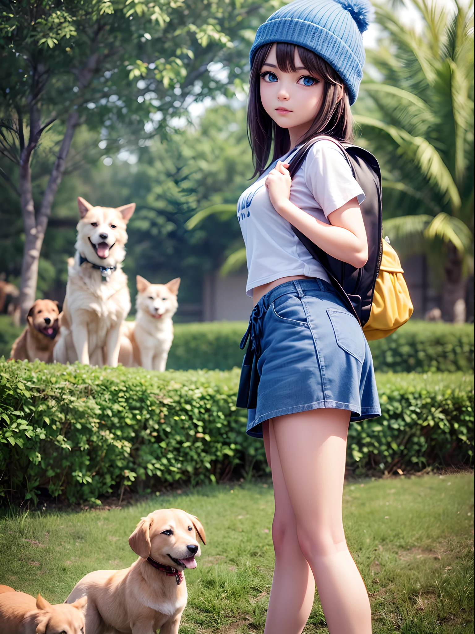 anime girl with a (((yellow backpack))) and (((four dogs in a field of coconut trees))), ((((blue eyes girl)))), (((The girl is wearing a beanie))), cute detailed digital art, adorable digital painting, ((((camera a front of character)))), artwork in the style of guweiz, realistic anime 3 d style, anime styled 3d, render of a cute 3d anime girl, made with anime painter studio, anime style. 8k, childrens art in artstation, anime visual of a cute girl,