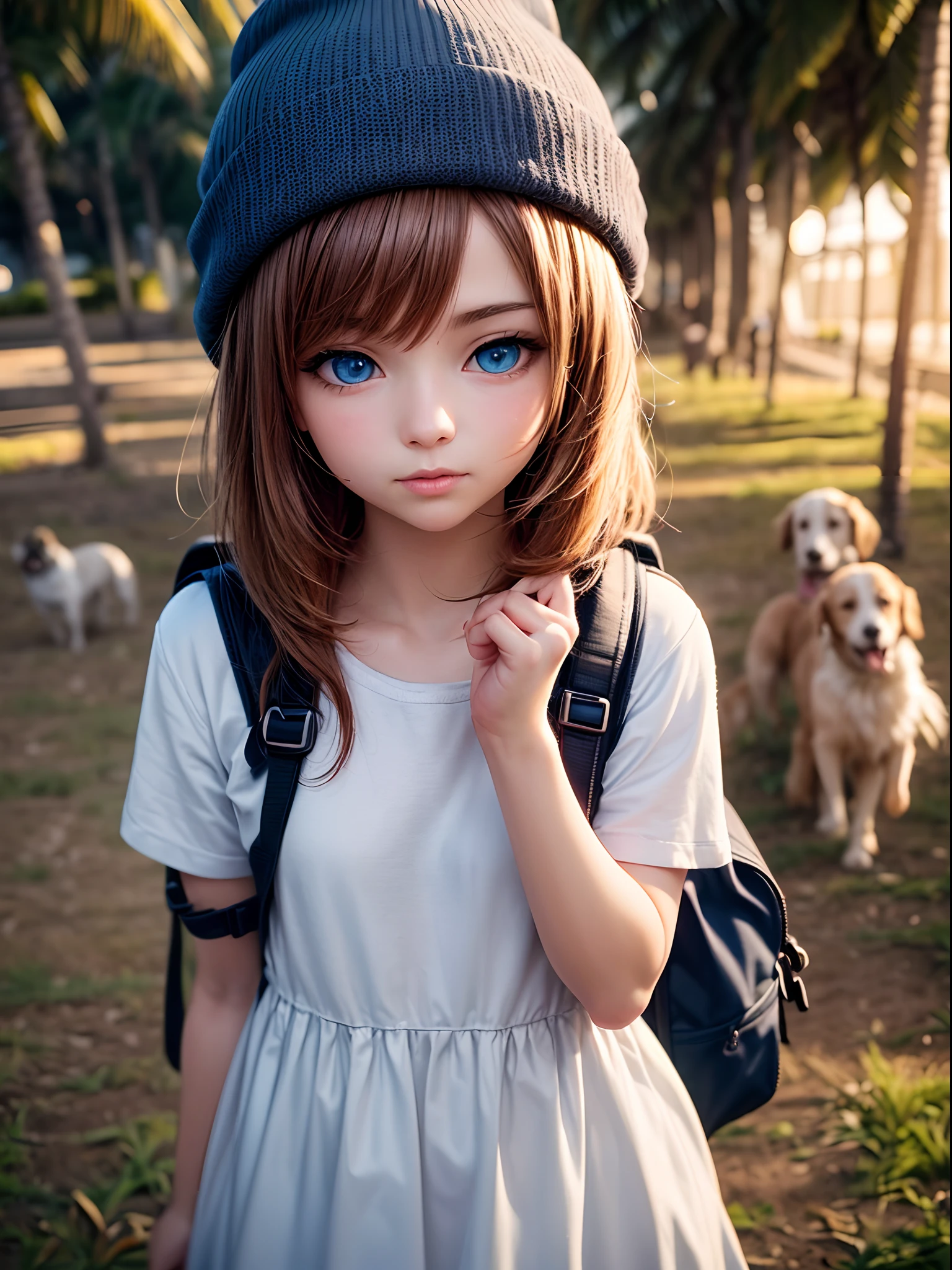 anime girl with a (((yellow backpack))) and (((four dogs in a field of coconut trees))), ((((blue eyes girl)))), (((The girl is wearing a beanie))), cute detailed digital art, adorable digital painting, ((((camera a front of character)))), artwork in the style of guweiz, realistic anime 3 d style, anime styled 3d, render of a cute 3d anime girl, made with anime painter studio, anime style. 8k, childrens art in artstation, anime visual of a cute girl,