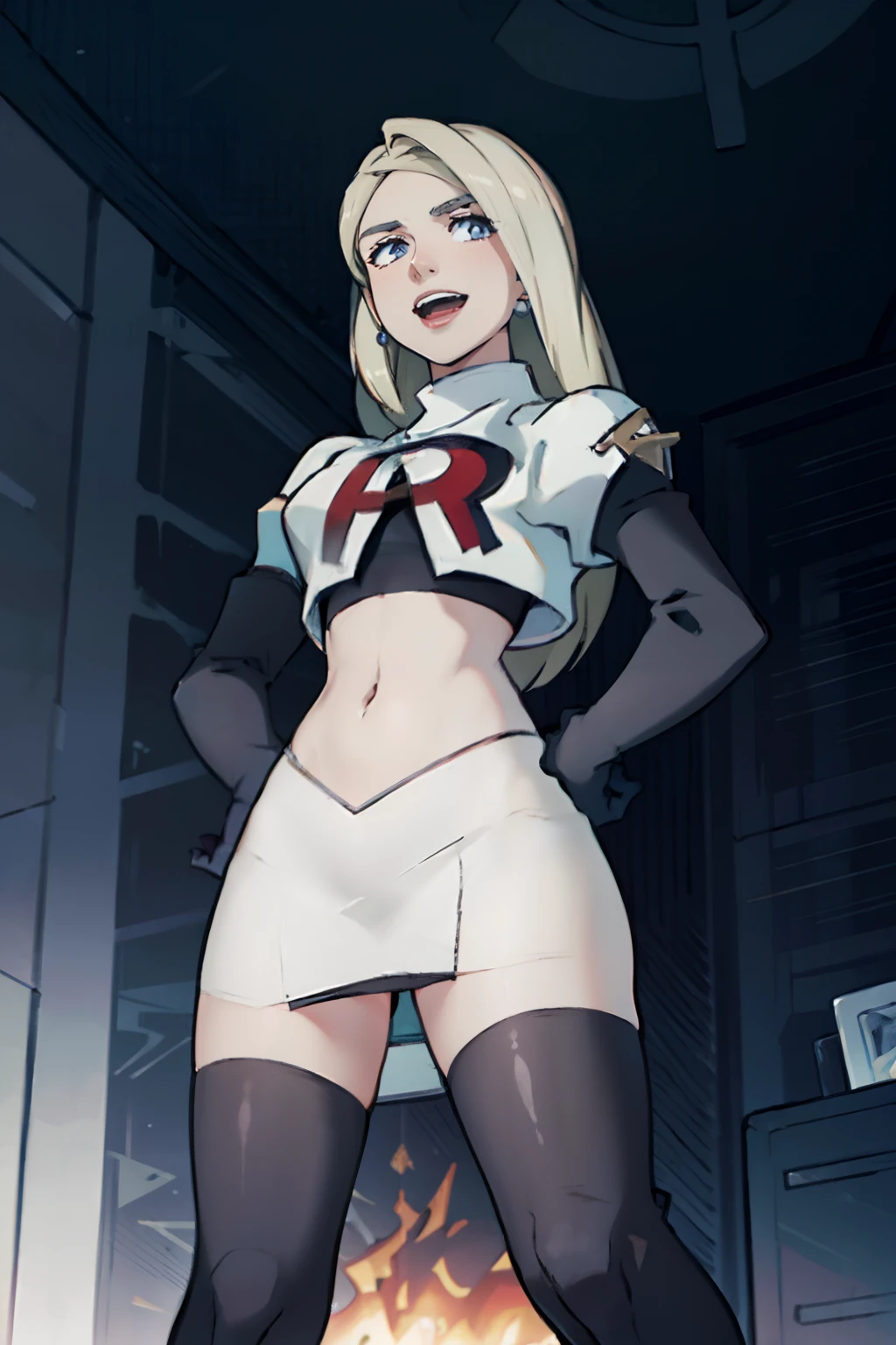 warMercedes, team rocket,team rocket uniform, red letter R, white skirt,white crop top,black thigh-highs,black elbow gloves, looking down on you, evil laugh, hands on hips, looking at viewer,