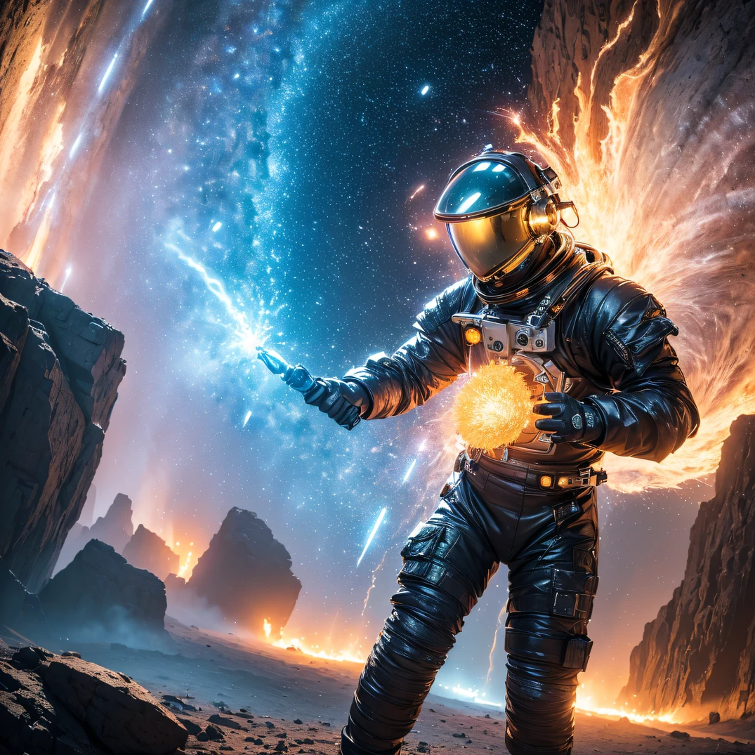 ((ultra real detailed.The astronaut) (Masterpiece, Top quality, Best quality, offcial art, Beauty and aesthetics: 1.2), Very detailed, Colorful, Most detailed, branches, The astronaut, （Mards）The astronaut（canyons）， （Linen future spacesuit）， Angry fighting stance， looking at the ground， Batik linen bandana，Astronaut Canyon（Abstract propylene splash：1.2）， Dark clouds lightning background，Sprinkle with gold dust（realisticlying：1.4），Black color hair，starryskybackground， A high resolution， the detail， RAW photogr， Sharp Re， Nikon D850 Film Stock Photo by Jefferies Lee 4 Kodak Portra 400 Camera F1.6 shots, Rich colors, ultra-realistic vivid textures, Dramatic lighting, Unreal Engine Art Station Trend, cinestir 800，Snowflakes fluttering,（（（Mards）））