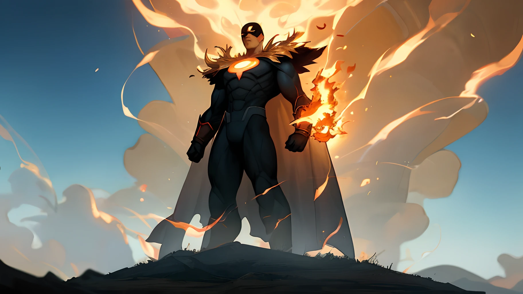 Create a scene where the superhero boy stands tall amidst a surreal dreamscape, protecting it from the dangers lurking within, with his flaming powers serving as a beacon of hope and safety.