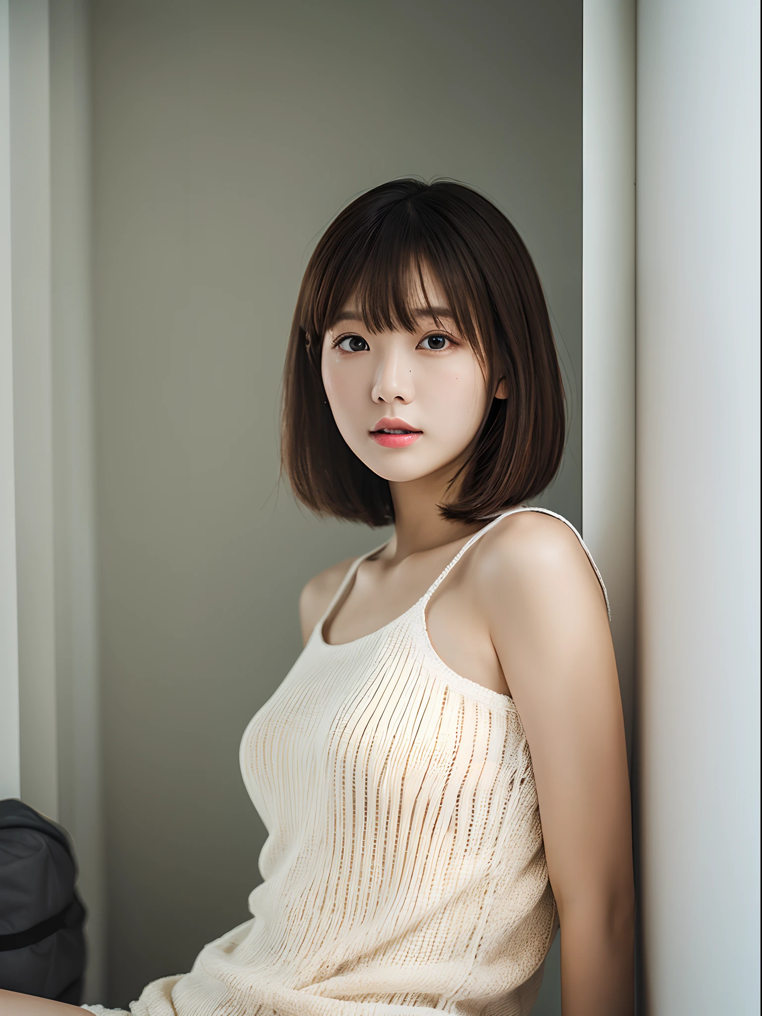 of the highest quality, 8K, masterpiece: 1.3, Photorealistic, Clear focus: 1.2, Best Quality:1.4, Ultra high definition, A hyper-realistic, solo, portrait, ((a young woman leaning on the side of a wall)), realistic, blush, Realistic natural skin, Realistic face, Beautiful hairstyle, Detailed bob hair, Realistic eyes, Detailed eyes, Detailed skin, sexy