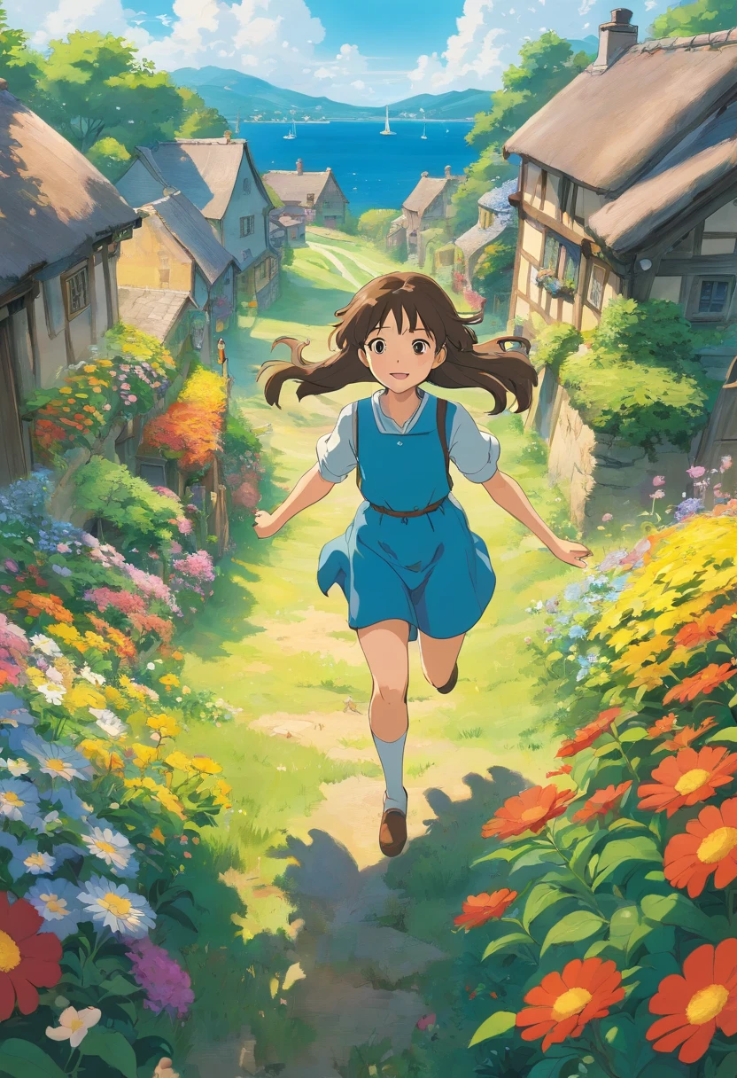 -yeld gi In a sea of flowers, Long hair flying, Face the lens, Country cottage in the background.