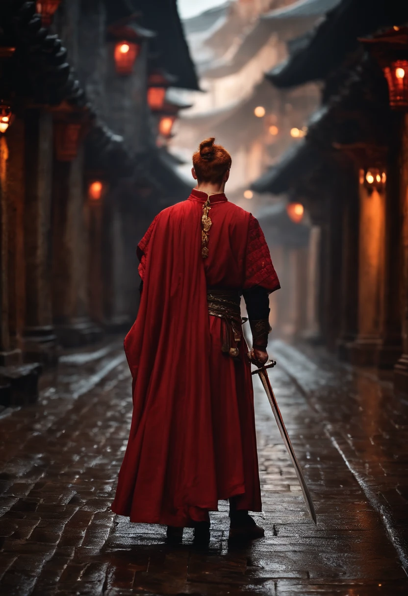 The back of a male swordsman on the stone road of the capital on a rainy night in ancient costume, red hair.