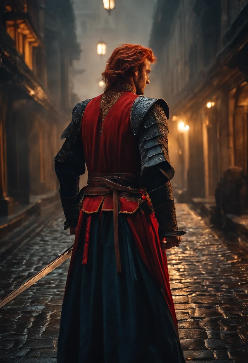 The back of a male swordsman on the stone road of the capital on a rainy night in ancient costume, red hair.