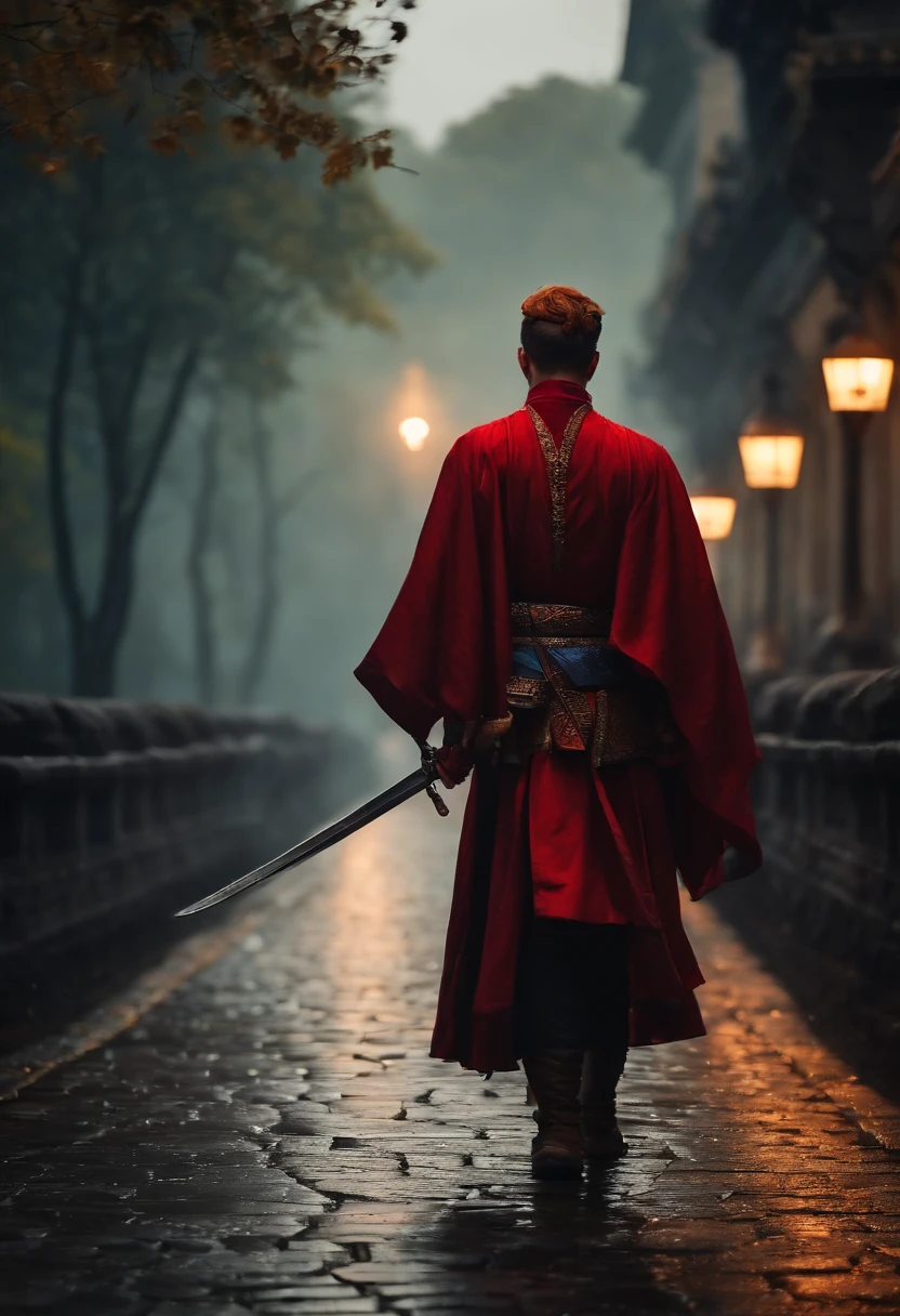 The back of a male swordsman on the stone road of the capital on a rainy night in ancient costume, red hair.