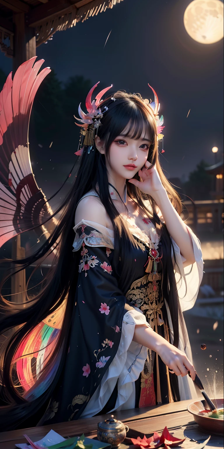 (8k, RAW photo: 1.2), top quality, ultra high resolution, dramatic angle, (fluttering detailed color splash), (illustration), (one girl))), (long hair), (rain: 0.9), (headdress: 1.4), there is an ancient palace next to the girl, Hanf, (emphasis), Color ink painting, (splash color), splash color, (((colorful))), (Sketch: 0.8), Masterpiece, Best Quality, Beautiful Paintwork, Very Detailed, (Denoise: 0.6), [Splash Ink], (Ink Refraction)), (Beautiful Detailed Sky), Moon, Very, Detail, (Masterpiece, Best Quality, Very Detailed) CG Unity 8k wallpaper, masterpiece, best quality, super detail), (garlic),