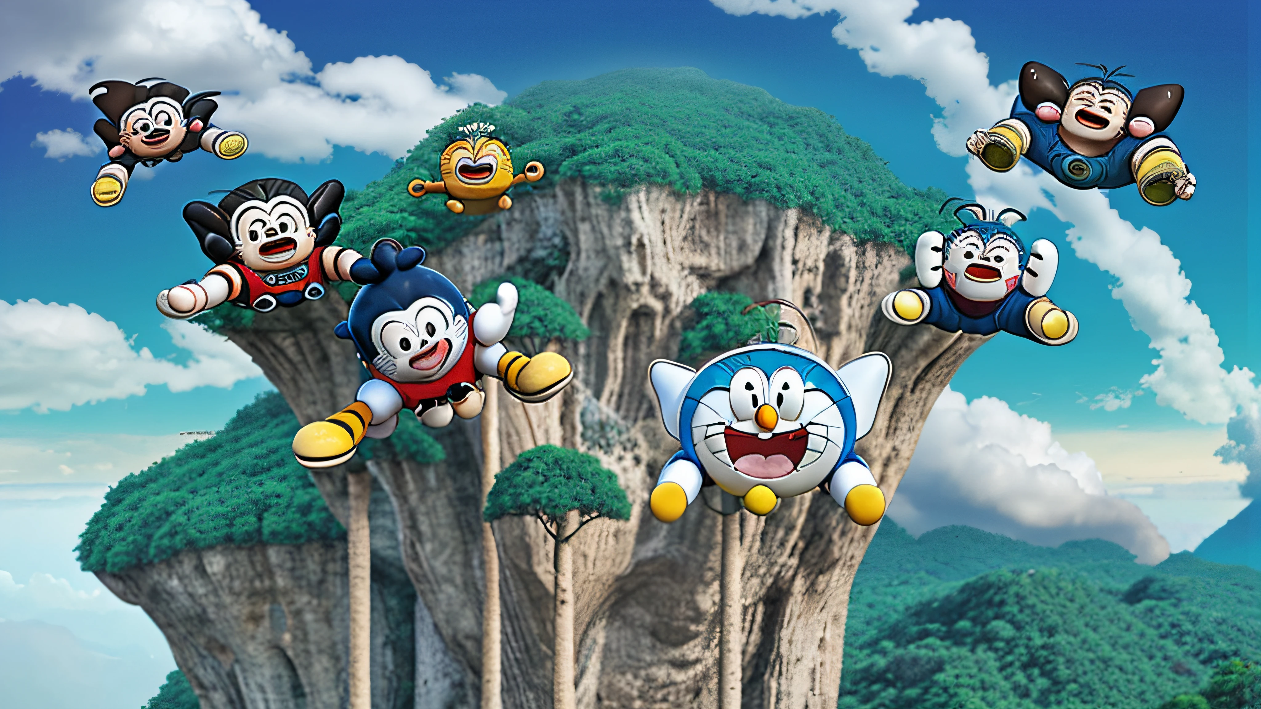 doraemon and his friends,burguer, detailed mountain,trees