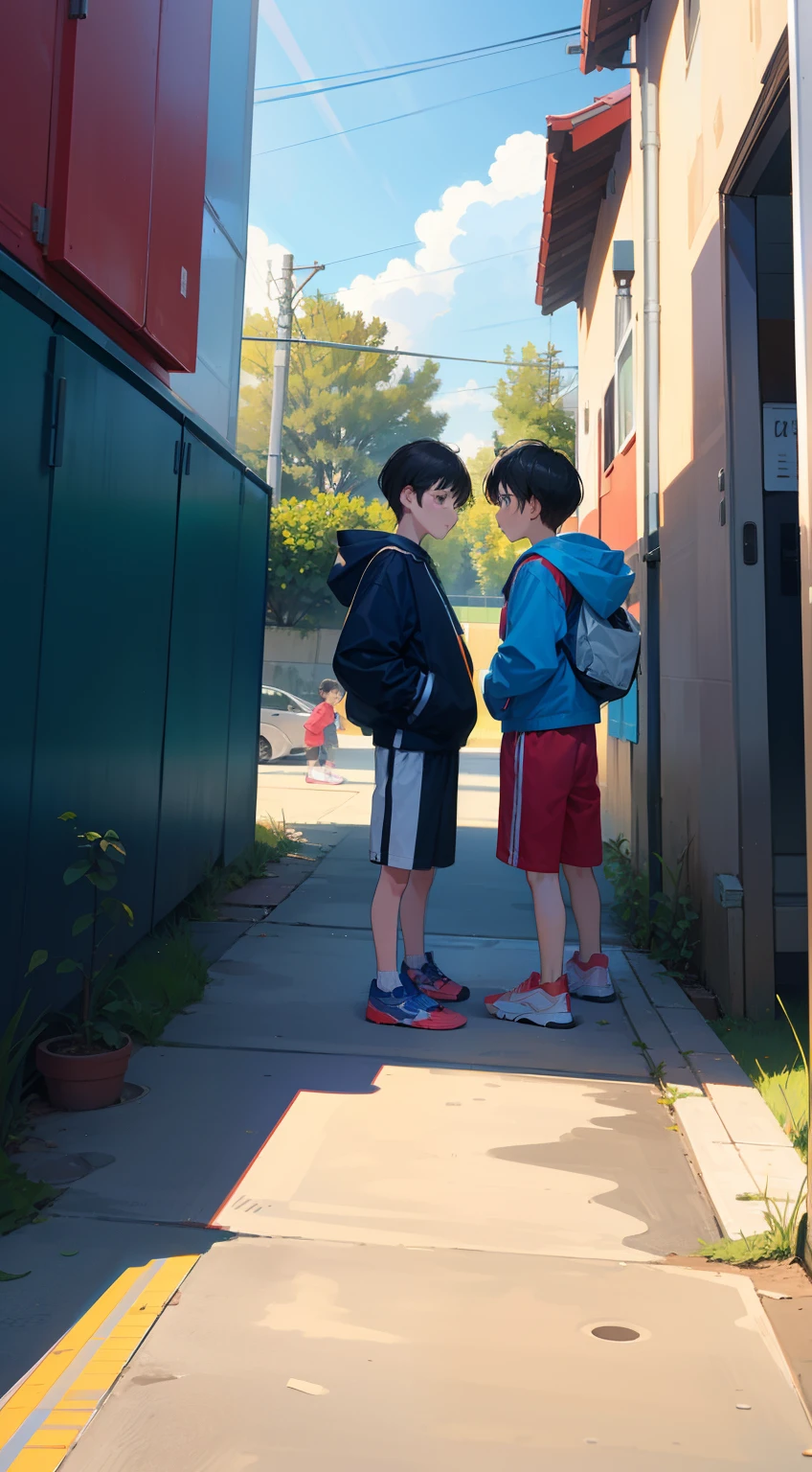 Two boys in sneakers and ddlers standing outside looking at each other