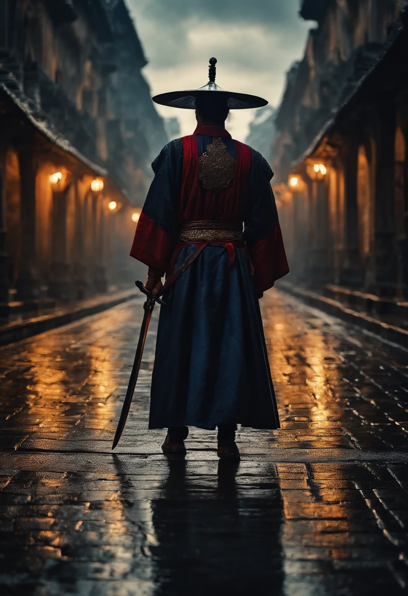 The back of a male swordsman on the stone road of the capital on a rainy night in ancient costume