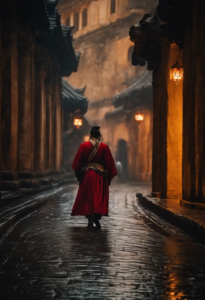 The back of a male swordsman on the stone road of the capital on a rainy night in ancient costume