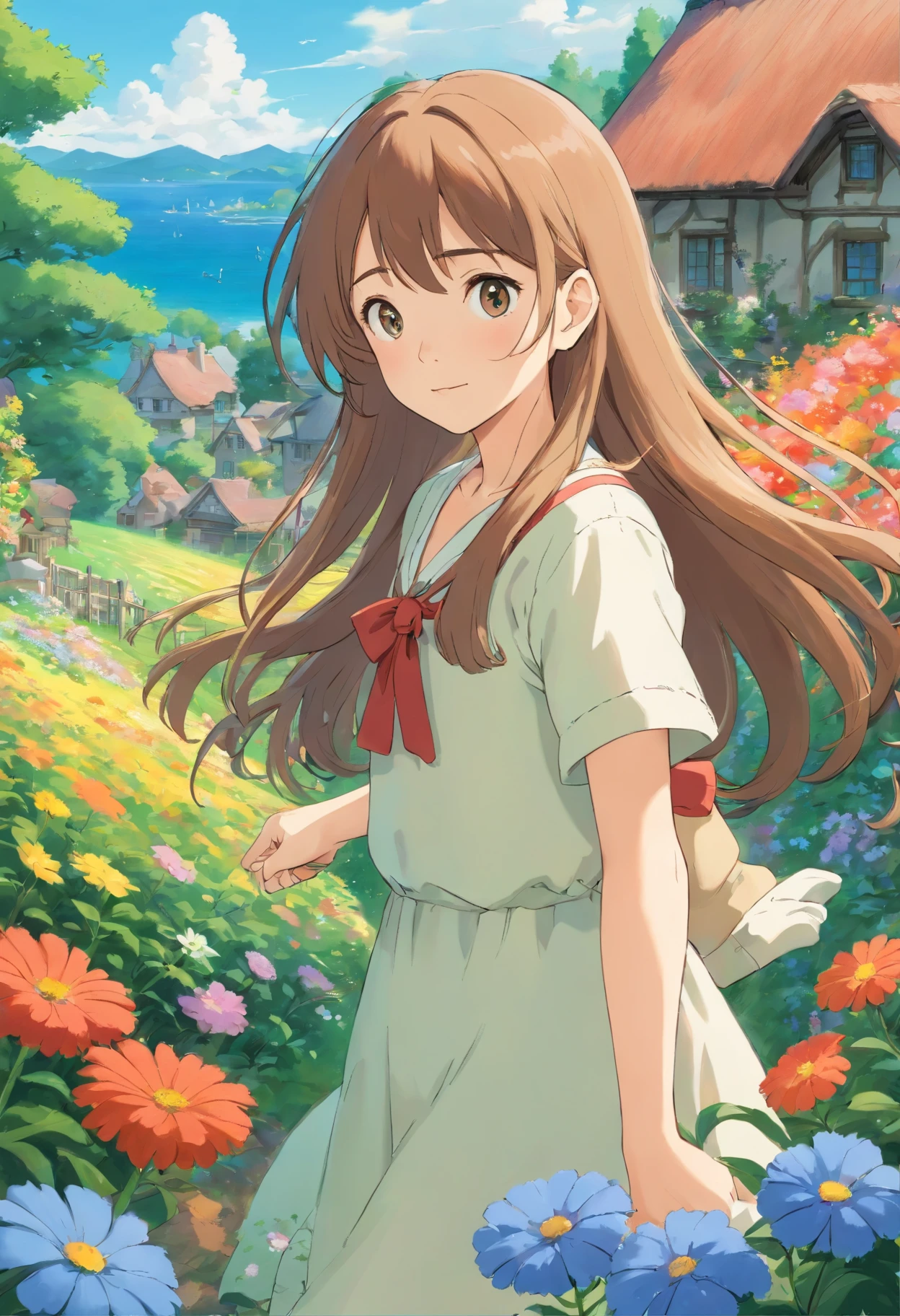 15-year-old girl, In a sea of flowers, Long hair flying, Face the lens, Country cottage in the background.