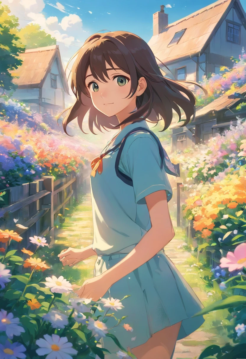 -yeld gi In a sea of flowers, Long hair flying, Face the lens, Country cottage in the background.