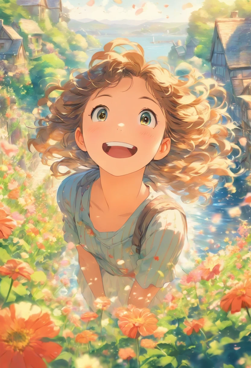 , In a sea of flowers, Long hair flying, Face the lens, Country cottage in the background.
