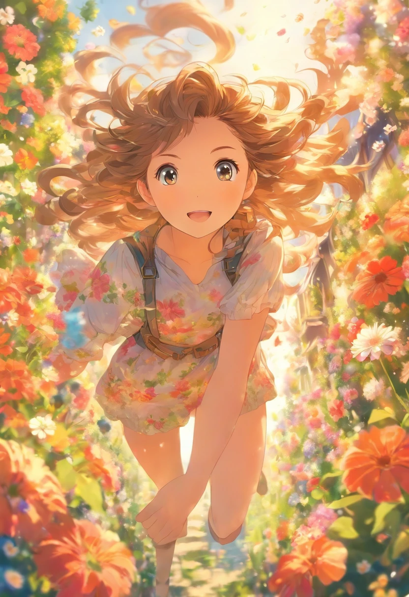 15-year-old girl, In a sea of flowers, Long hair flying, Face the lens, Country cottage in the background.