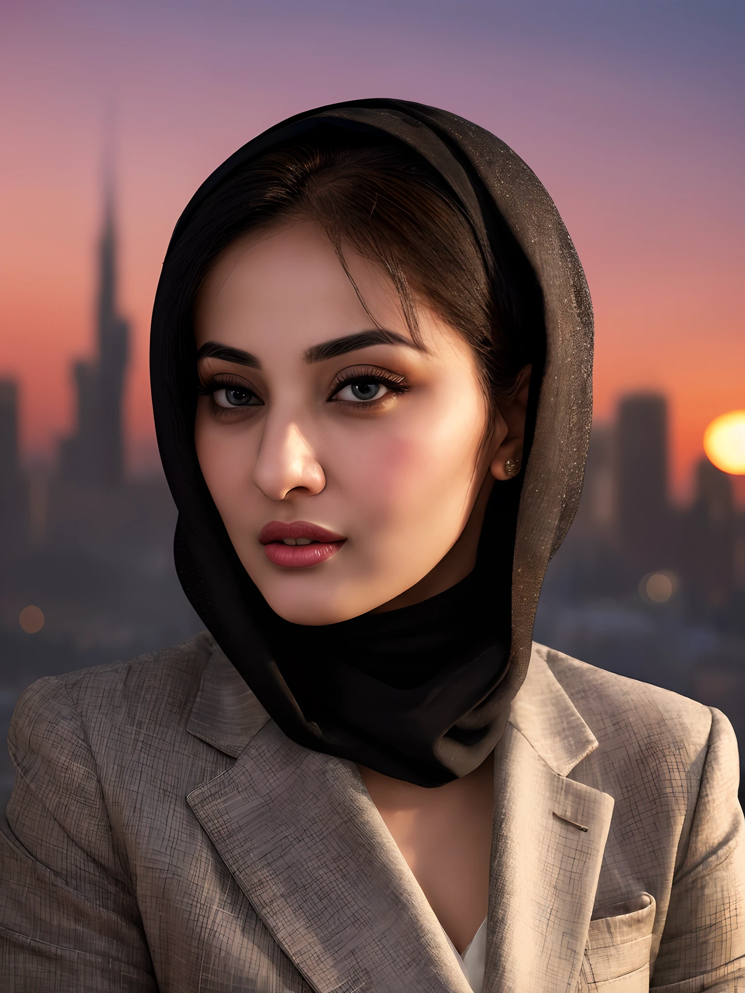 8k, RAW photo, best quality, masterpiece:1.2),(realistic, photo-realistic:1.37),sunset, cityscape,night, city, soft light,"photo of a Beauty Arabic women with hijab, extremely beautiful face, Random hairstyle, Naughty expression, Business woman, business potrait, preferably in a blazer. very professional, blur background.