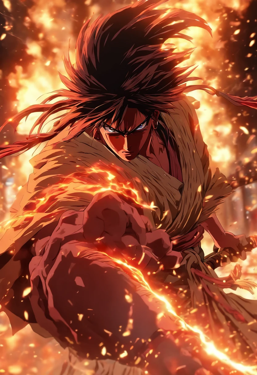 Rurouni Kenshin Attack his enemy (in a Firestorm with lighting thunder vfx around), masterpiece, best quality, ultra quality, absurd details, best light, best shadow, sharp, sharp picture, detailed face, detailed eyes, detailed hair, detailed, extremely detailed, great resolution, 8k, 4k, uhd, ray tracing, beautiful effects, image of (full body)