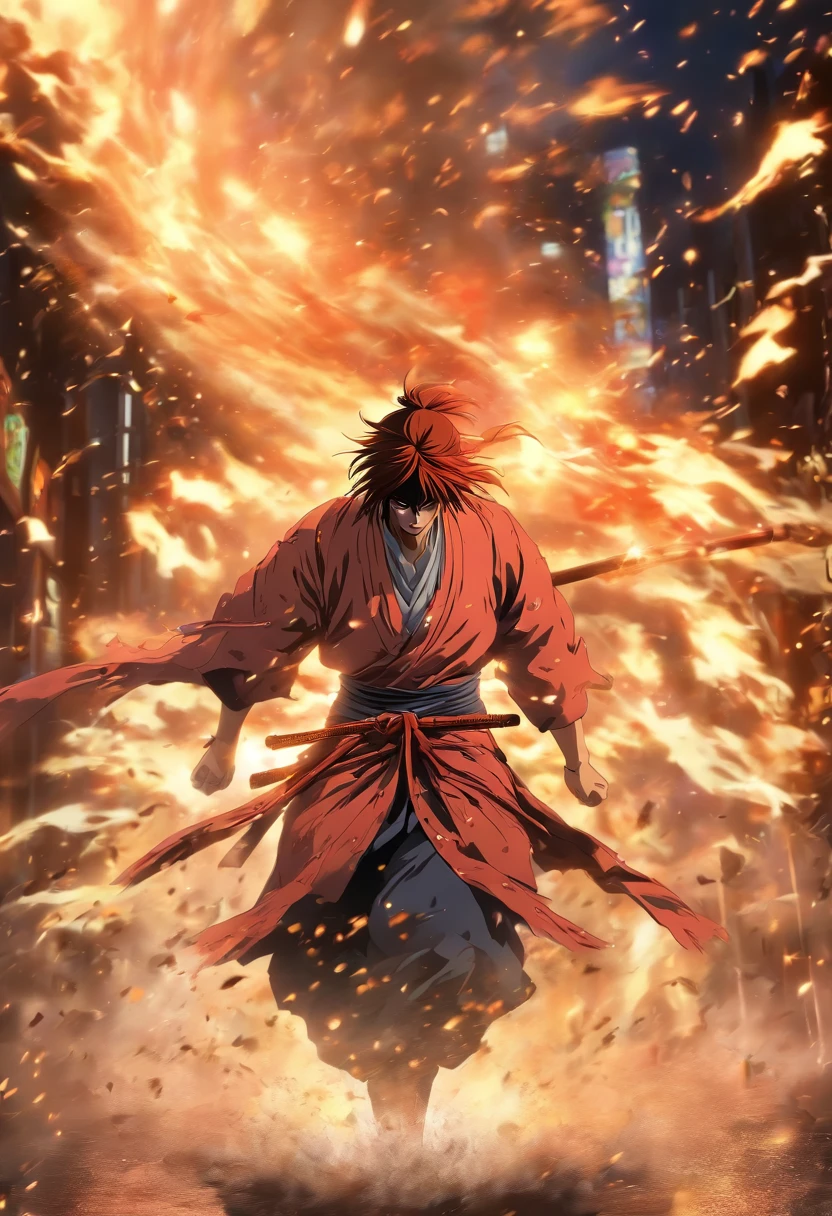Rurouni Kenshin Attack his enemy  (in a Firestorm with lighting thunder vfx around), masterpiece, best quality, ultra quality, absurd details, best light, best shadow, sharp, sharp picture, detailed face, detailed eyes, detailed hair, detailed, extremely detailed, great resolution, 8k, 4k, uhd, ray tracing, beautiful effects, image of (full body)