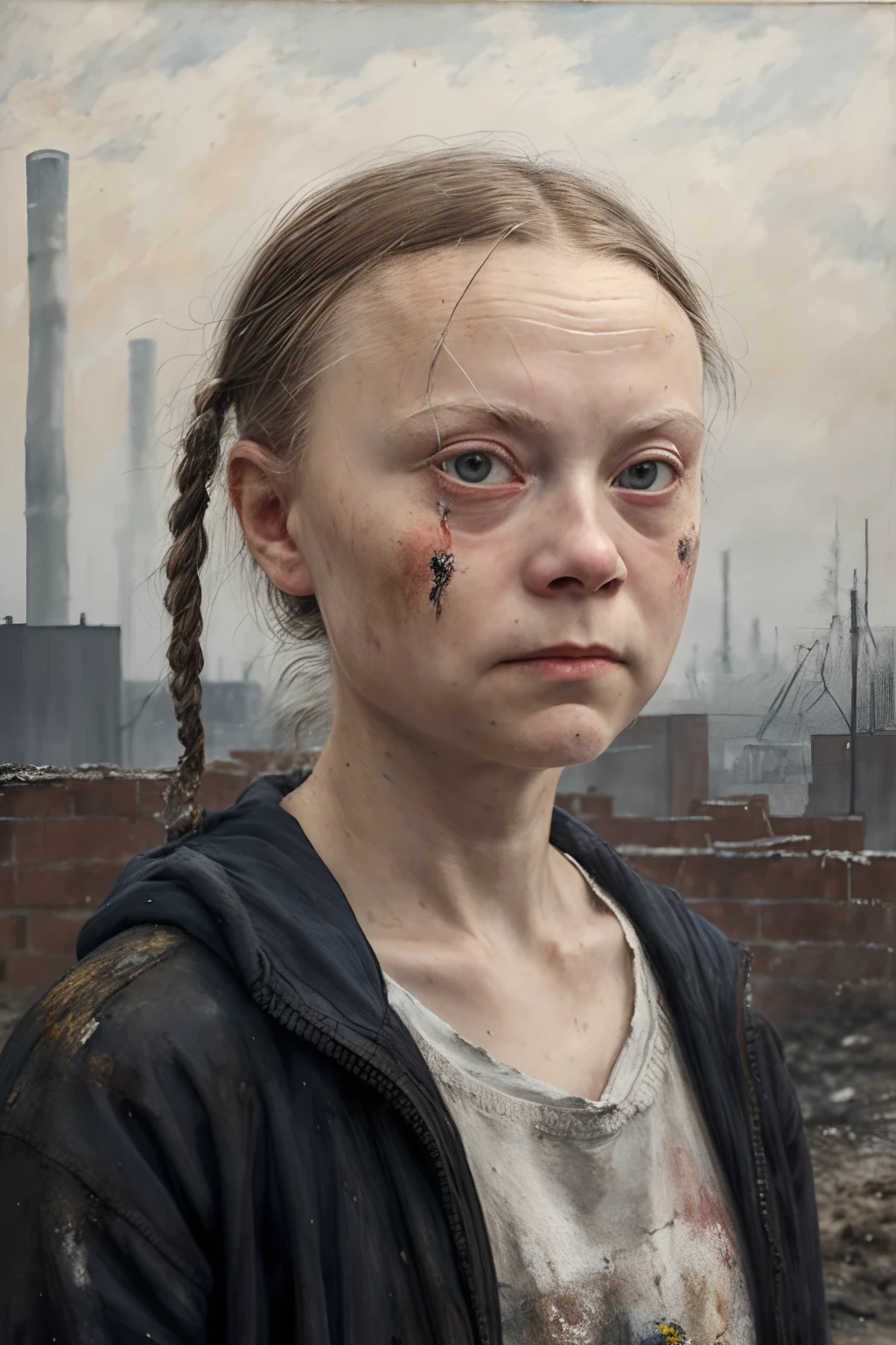 painting of an aged Greta Thunberg, upper body shot, dystopian environment, gloomy, smoking factories,