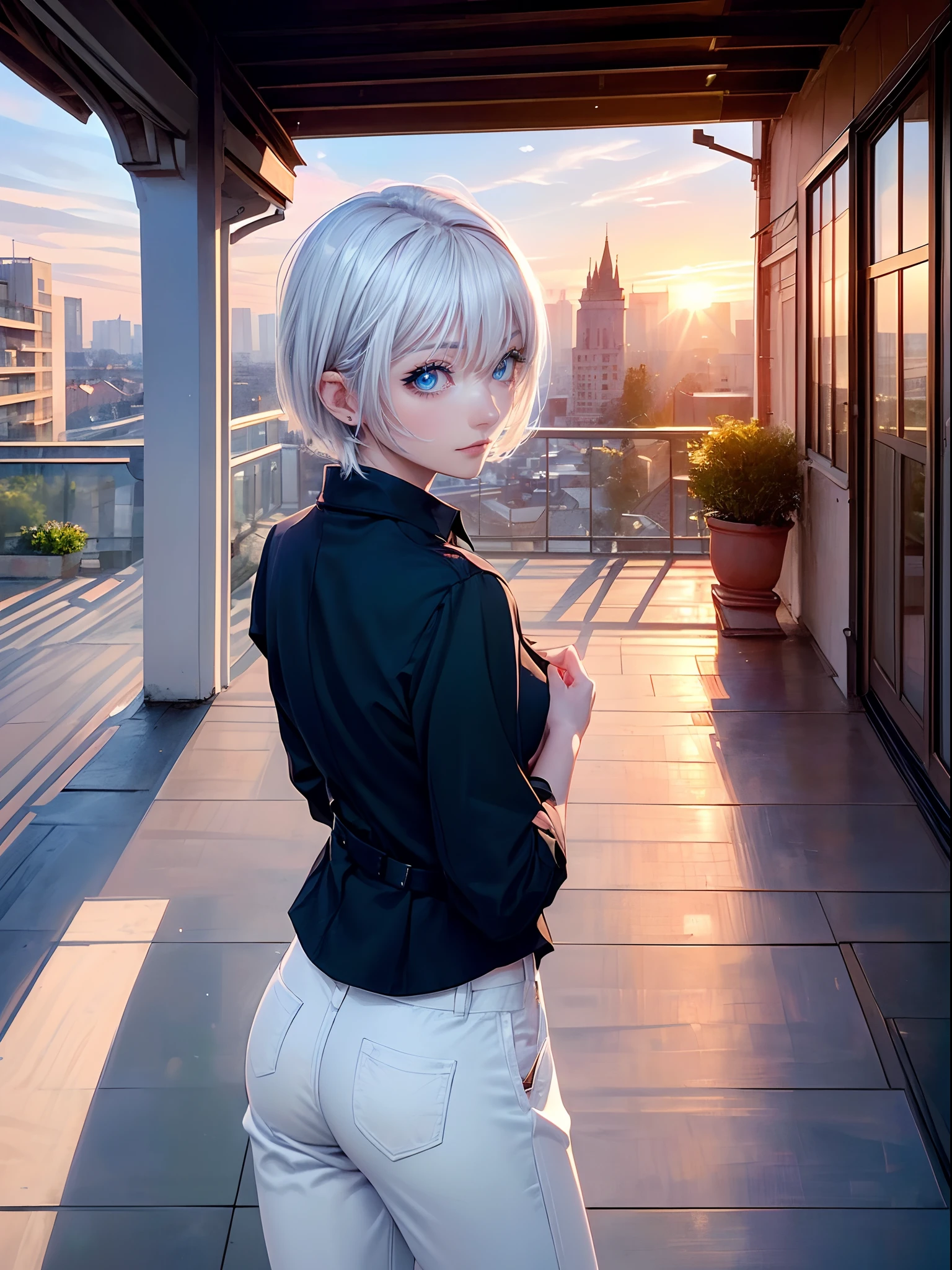 ((4K works))、​masterpiece、(top-quality)、One Beautiful Girl、Slim body、tall、((Black Y-shirt and white pants、Charming street style))、(Detailed beautiful eyes)、balconies、Castles inhabited by nobles、Black shop window、Balcony in the evening、((rays of sunshine))、((Shot on a stylish veranda))、the setting sun、((Face similar to Carly Rae Jepsen))、((Short-haired white hair))、((Smaller face))、((Neutral face))、((Bright blue eyes))、((American adult women))、((Adult female 26 years old))、((cool lady))、((Like a celebrity))、((Wild look))、((Korean Makeup))、((elongated and sharp eyes))、((Happy dating))、((boyish))、((Upper body photography))、Professional Photos、((Shot alone))、((shot from back))、((Shot in close proximity to her))、((Focus zoom in))、((She is watching the sunset))、((She standing on the balcony))