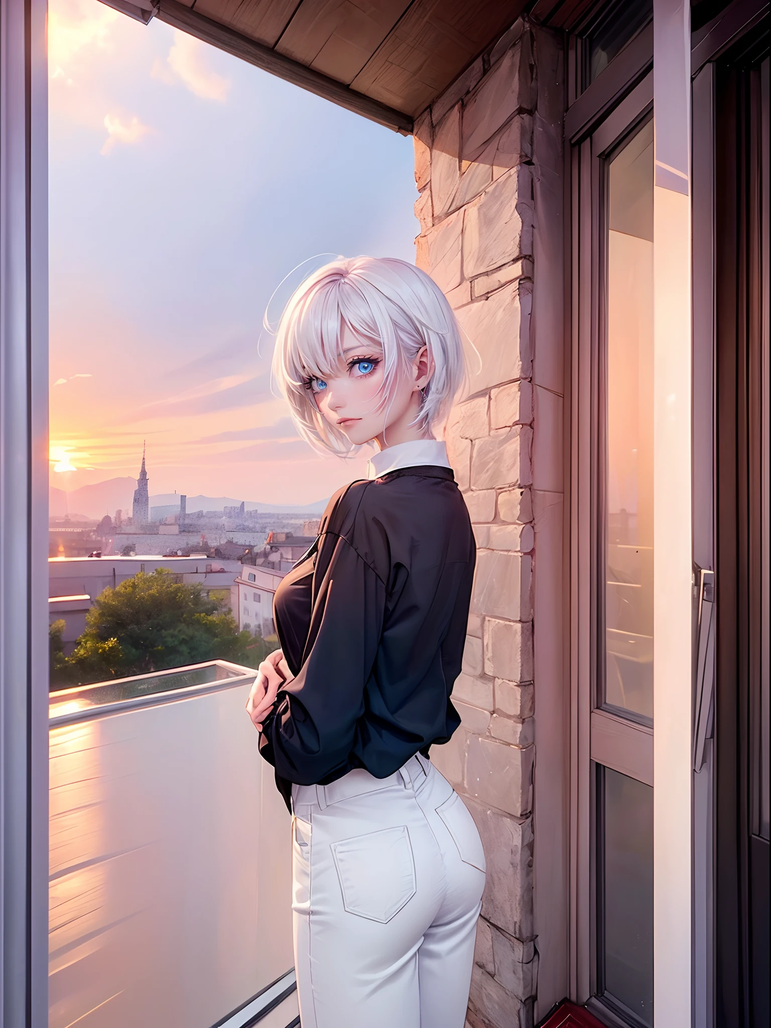 ((4K works))、​masterpiece、(top-quality)、One Beautiful Girl、Slim body、tall、((Black Y-shirt and white pants、Charming street style))、(Detailed beautiful eyes)、balconies、Castles inhabited by nobles、Black shop window、Balcony in the evening、((rays of sunshine))、((Shot on a stylish veranda))、the setting sun、((Face similar to Carly Rae Jepsen))、((Short-haired white hair))、((Smaller face))、((Neutral face))、((Bright blue eyes))、((American adult women))、((Adult female 26 years old))、((cool lady))、((Like a celebrity))、((Wild look))、((Korean Makeup))、((elongated and sharp eyes))、((Happy dating))、((boyish))、((Upper body photography))、Professional Photos、((Shot alone))、((shot from back))、((Shot in close proximity to her))、((Focus zoom in))、((She is watching the sunset))、((She standing on the balcony))