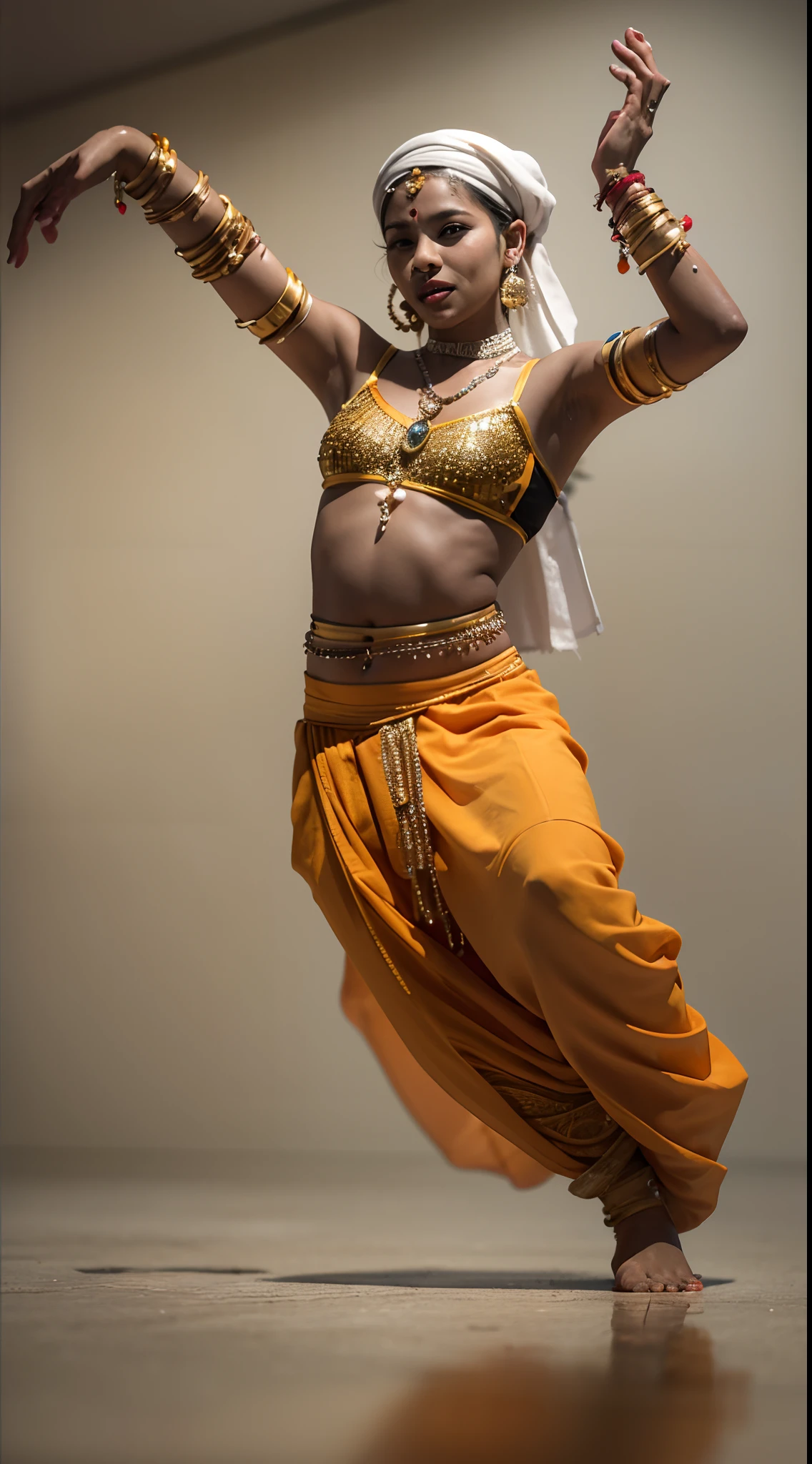(Best quality,4K,8K,A high resolution,Masterpiece:1.2),Ultra-detailed,(Realistic,Photorealistic,photo-realistic:1.37),The Arafed man in orange pants and necklace is dancing, Tribal dance, he is dancing, gracefully belly dancing pose, dynamic dancing pose, dynamic moving pose, Contemporary, in style of thawan duchanee, indian style, submerged temple dance scene, Transhumanist dance, classic dancer striking a pose, dancing gracefully