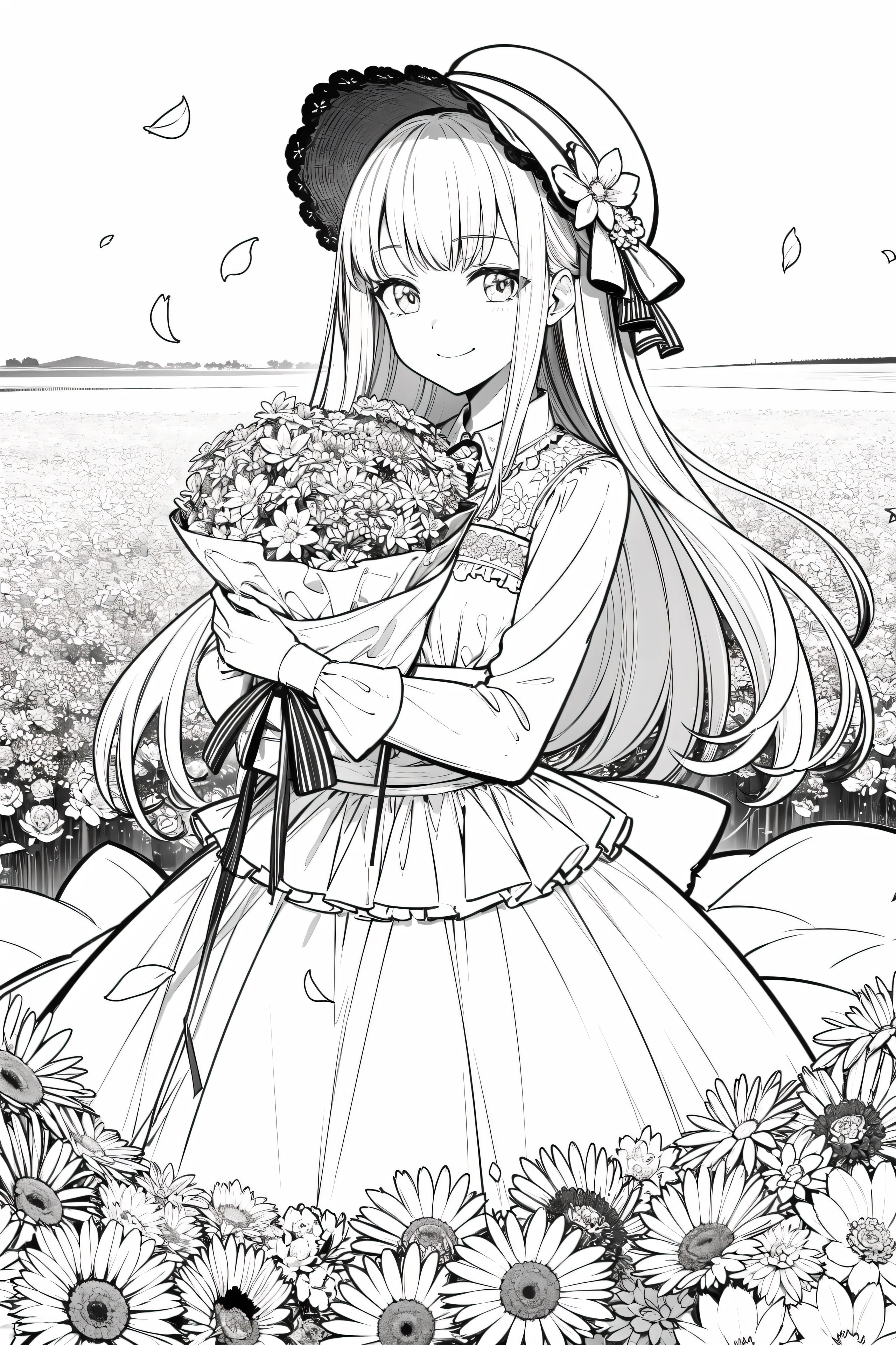 masterpiece, best quality, 1girl, solo, long_hair, looking_at_viewer, smile, bangs, skirt, shirt, long_sleeves, hat, dress, bow, holding, closed_mouth, flower, frills, hair_flower, petals, bouquet, holding_flower, center_frills, bonnet, holding_bouquet, flower field, flower field, lineart, monochrome,
