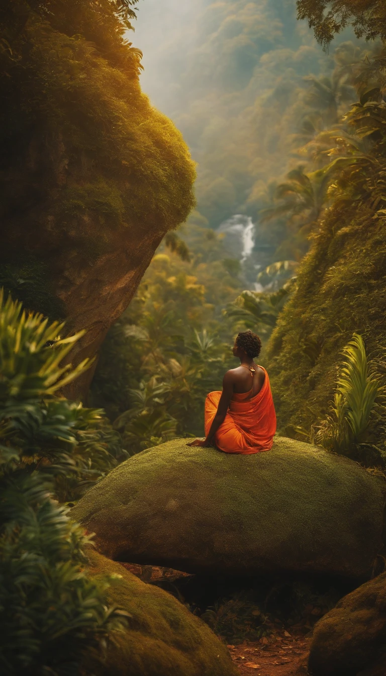 A man sitting on a rock in the middle of a forest - SeaArt AI