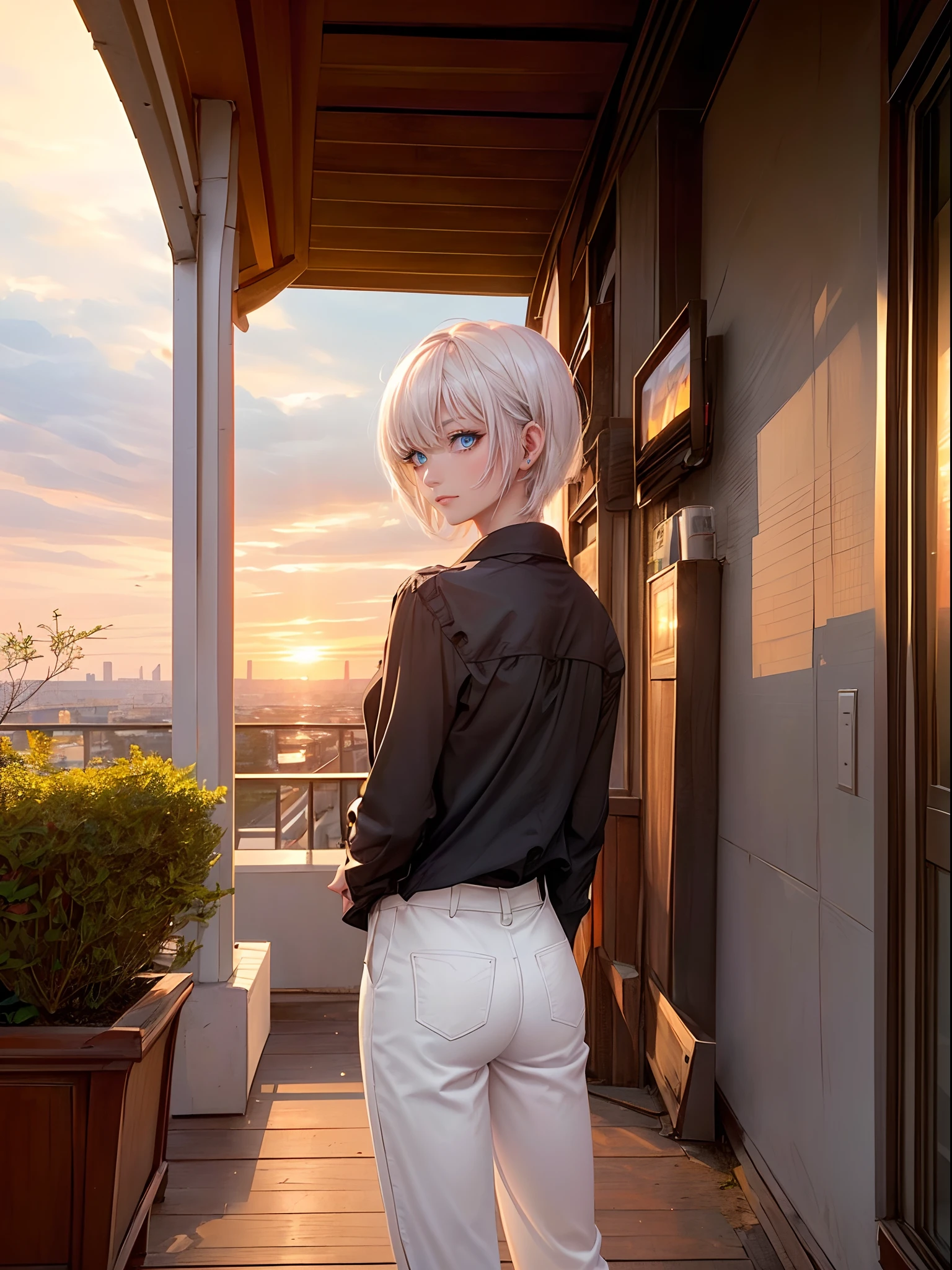 ((4K works))、masterpiece、(top-quality)、One Beautiful Girl、Slim body、tall、((Black Y-shirt and white pants、Charming street style))、(Detailed beautiful eyes)、balconies、Castles inhabited by nobles、Black shop window、Balcony in the evening、((rays of sunshine))、((Shot on a stylish veranda))、the setting sun、((Face similar to Carly Rae Jepsen))、((Short-haired white hair))、((Smaller face))、((Neutral face))、((Bright blue eyes))、((American adult women))、((Adult female 26 years old))、((cool lady))、((Like a celebrity))、((Wild look))、((Korean Makeup))、((elongated and sharp eyes))、((Happy dating))、((boyish))、((Upper body photography))、Professional Photos、((Shot alone))、((shot from back))、((Shot in close proximity to her))、((Focus zoom in))、((She is watching the sunset))、((She standing on the balcony))