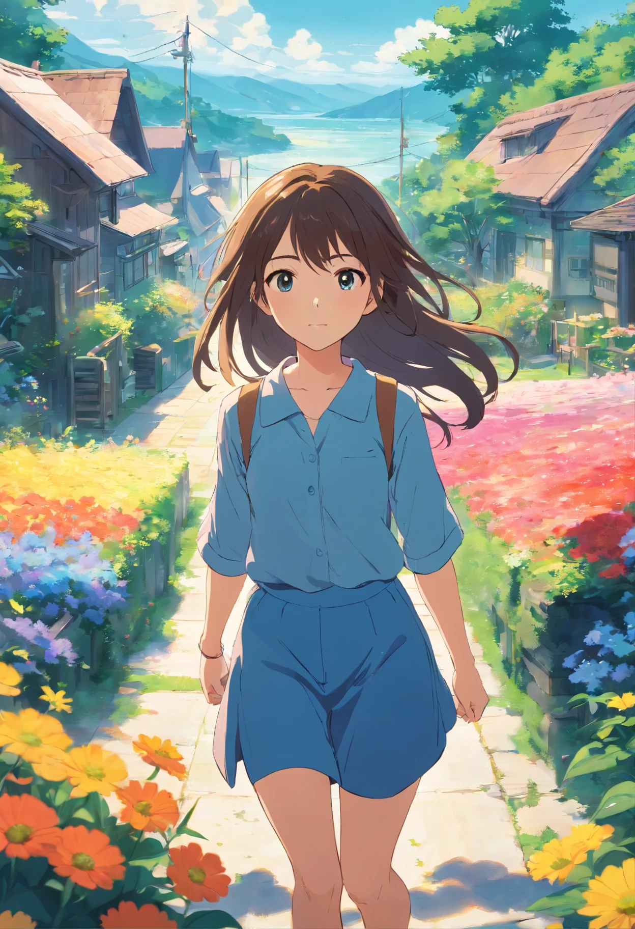 15-year-old girl, In a sea of flowers, Long hair flying, Face the lens, Country cottage in the background.