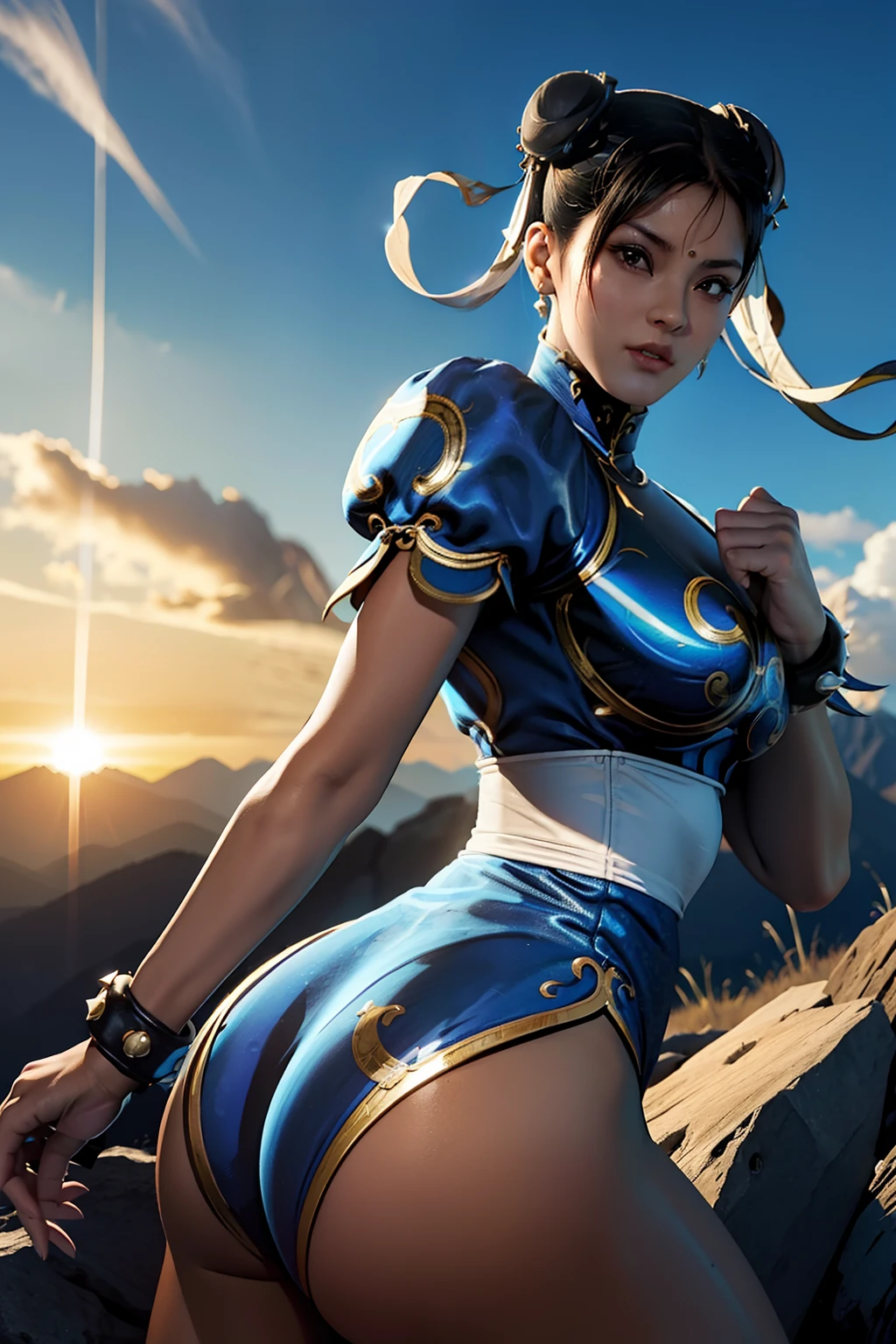 8k,ultra realista, 1girl, (silueta:1.4) de (ChunLi:1.5), entrenando, (bodysuit Chun-li), at the top of a mountain, atardecer, Hora dorada,, Maravilloso paisaje, obra maestra, alteza, imagen perfecta, ChunLi, sombra gema, waist shot, spandex blue, butt to camera