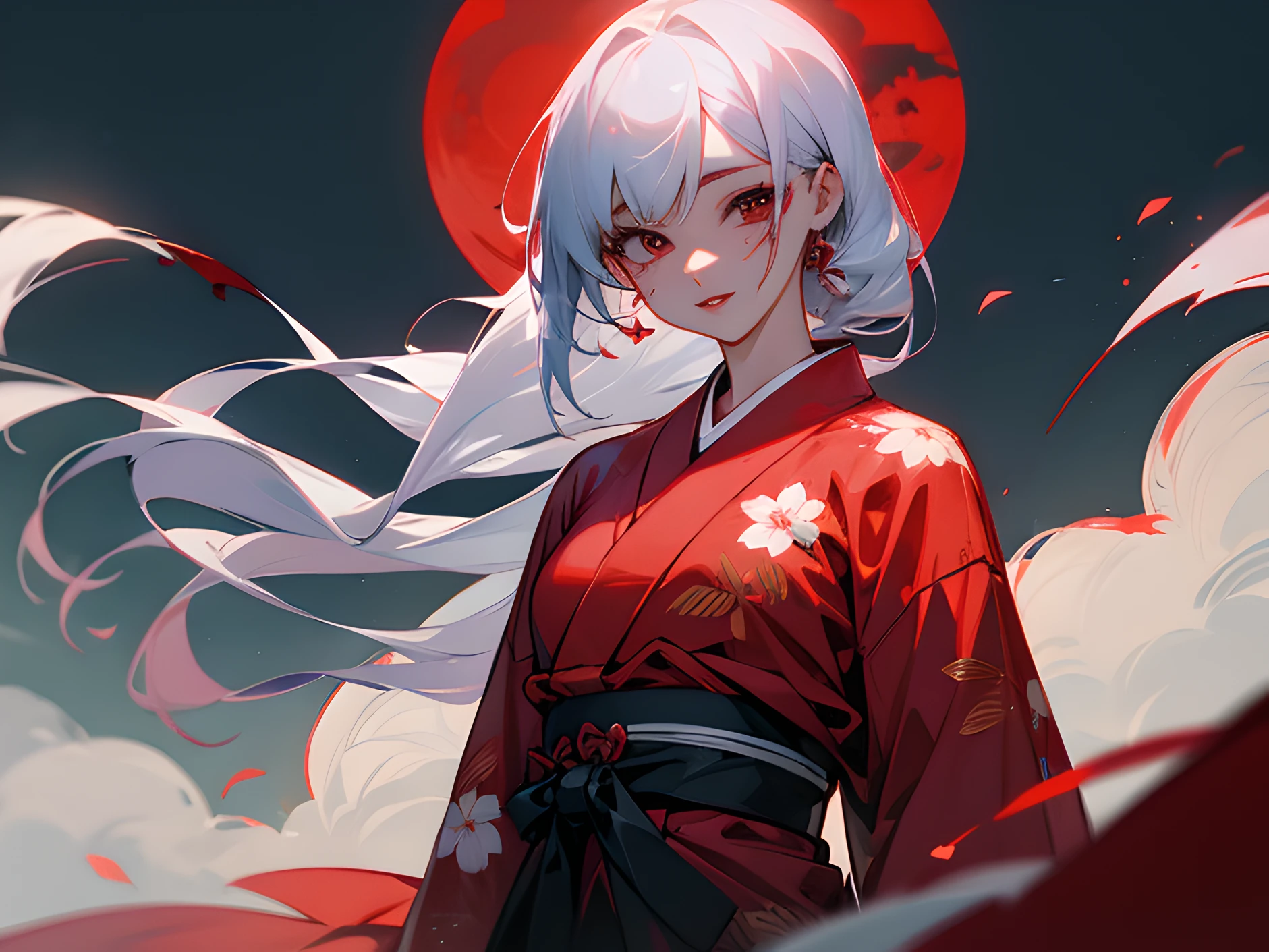 Cool Japan Anime　red lipsticks　battle field　waist knife　kimono　Floral kimono　Red full moon in the upper right corner　Long　Blood stains on the face