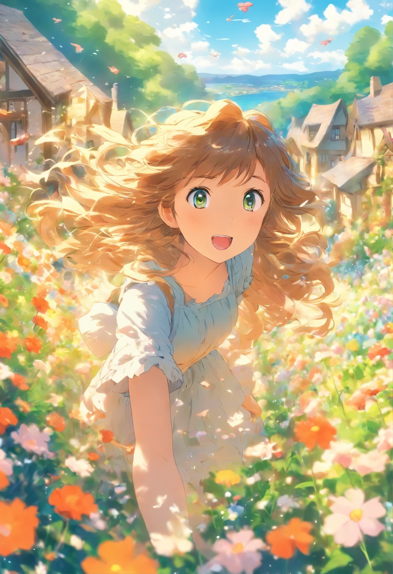 -yeld gi In a sea of flowers, Long hair flying, Face the lens, Country cottage in the background.