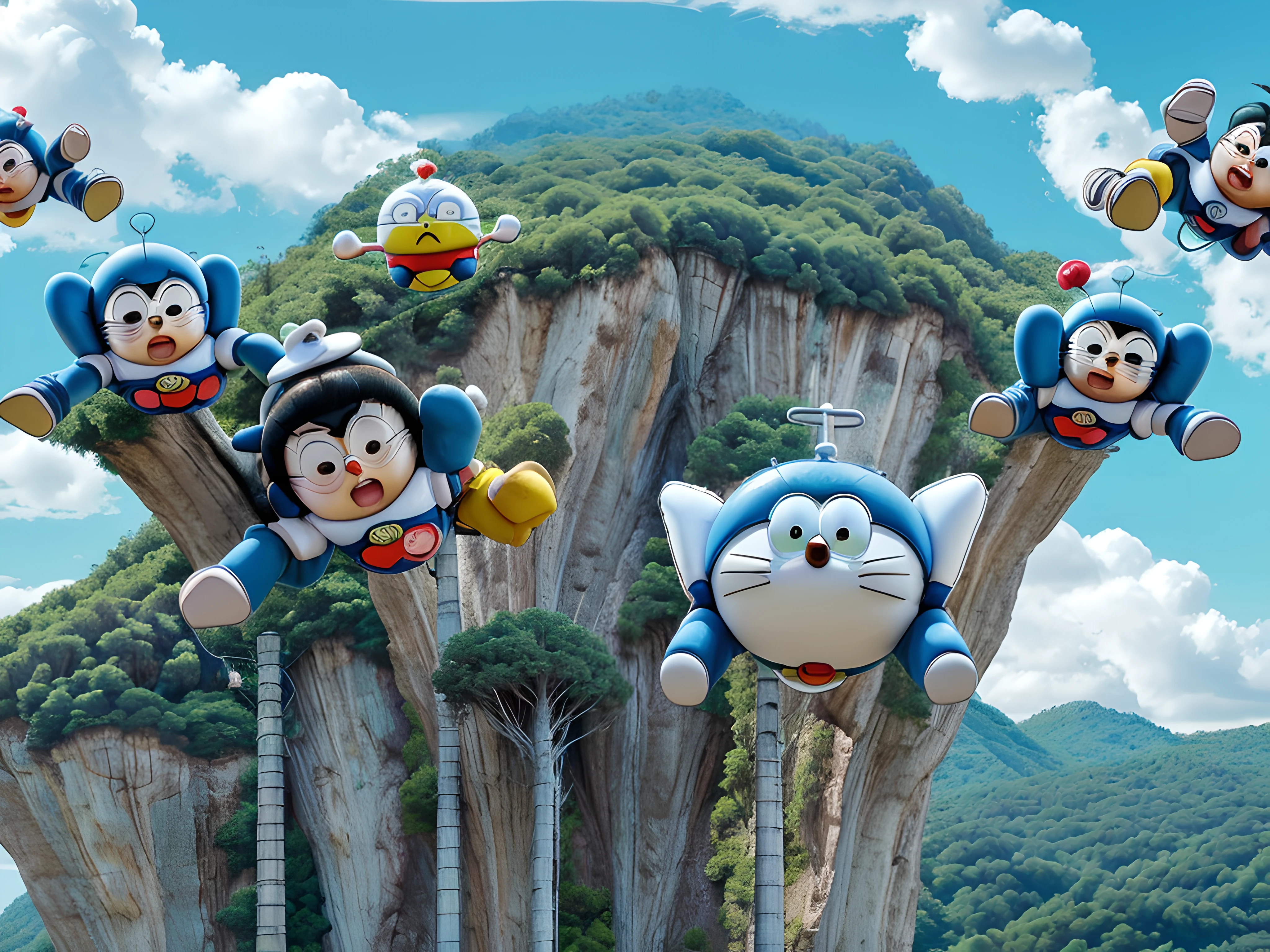 Doraemon y sus amigos,burguer, detailed mountain,trees