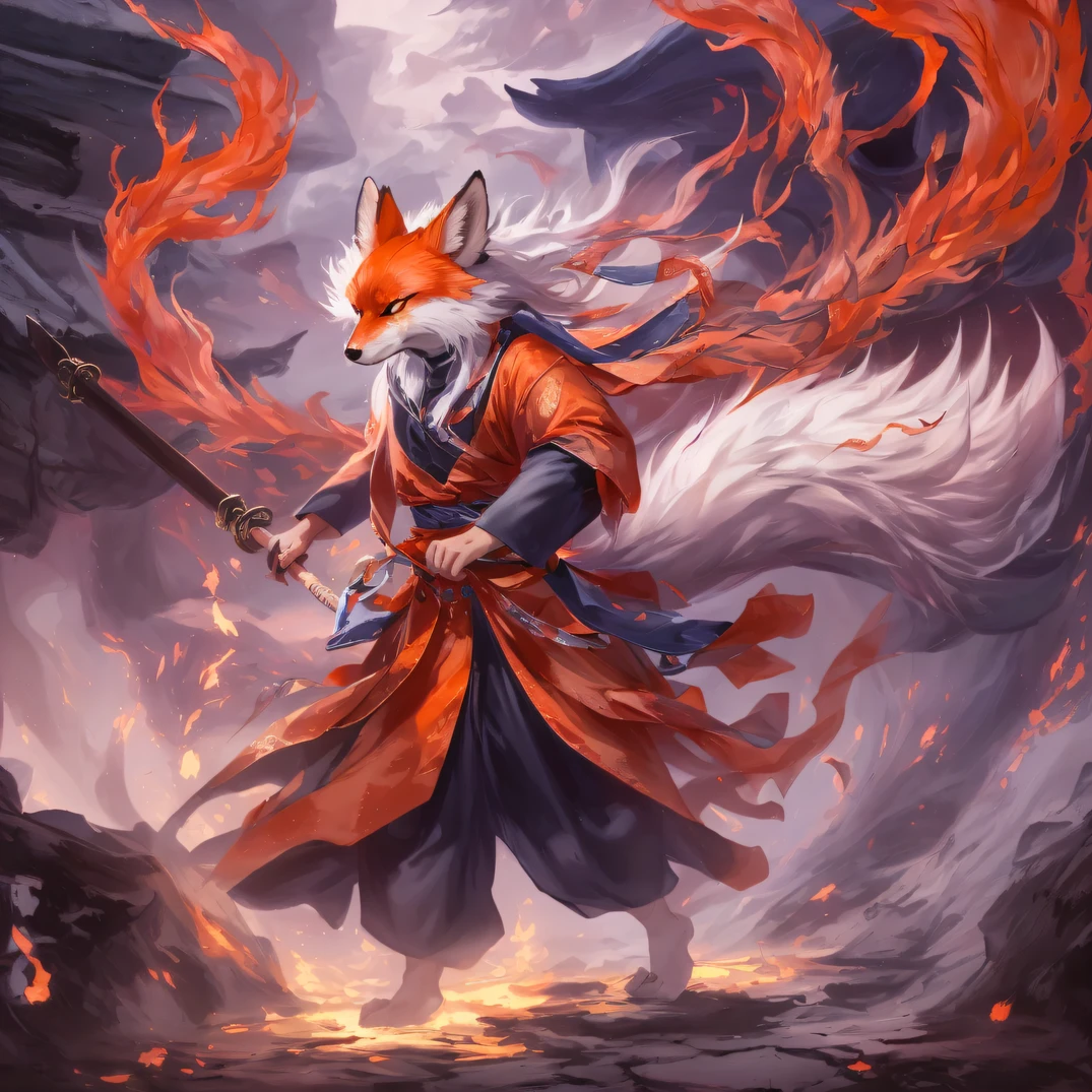 Nine-tailed fox 32K,Phoenix Immortal Demon Realm, Chance encounter with Liu Hanshu, He saw in him his former self, It was decided to take him as an apprentice, Teach him how to protect himself, But because of the Tibetan star map, Phoenix and the Liu family、The Jade Sword Sect establishes relationships, It opens with the death of Liu Hanshu, Qin Yu embarked on the road of confrontation with a strong enemy, Working hard, Make yourself stronger, Stick to your own core path of justice, (nine tail fox)eyes filled with angry,The nine-tailed fox clenched its fists,Rush up,Deliver a fatal blow to your opponent,full bodyesbian,Full body nine-tailed fox male mage 32K(Masterpiece Canyon Ultra HD)fenghuang(canyons)Climb the streets, The scene of the explosion(nine tail fox), (Dragons), The angry fighting stance of the nine-tailed fox, looking at the ground, Batik linen bandana, Chinese red and white pattern long sleeve garment, Canyon nine-tailed fox(Abstract propylene splash:1.2), Dark clouds lightning background,Flour flies(realisticlying:1.4),Black color hair,Flour fluttering,rainbow background, A high resolution, the detail, RAW photogr, Sharp Re, Nikon D850 Film Stock Photo by Jefferies Lee 4 Kodak Portra 400 Camera F1.6 shots, Rich colors, ultra-realistic vivid textures, Dramatic lighting, Unreal Engine Art Station Trend, cinestir 800,Flowing black hair,(((Jungle Canyon)))The wounded lined up in the streets(vale)Climb the streets,Movie master real-time image quality(tmasterpiece,k hd,hyper HD,32K)Dragons, (Linen batik scarf), Combat posture, looking at the ground, Linen bandana, Chinese nine-tailed fox pattern long-sleeved garment, Morning nine-tailed fox(Abstract gouache splash:1.2), Dark clouds lightning background,sprinkling