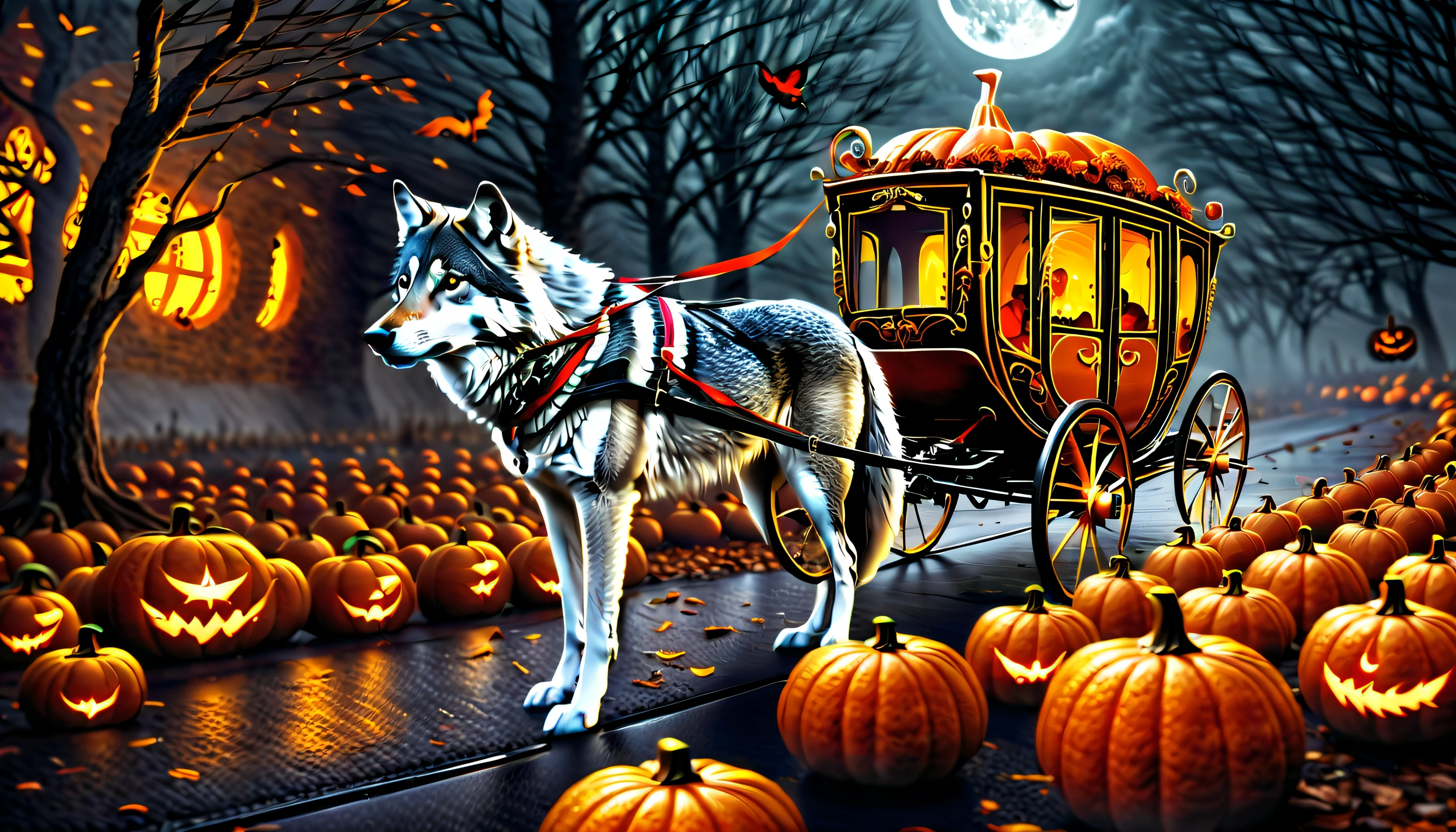 (((pumpkin-carriage:1.3))), super good station, ridiculously pretty gray wolf trick art, blood is stirring and my soul is shaking art, wake me up from in the dark, dim acid wish, dim mercury wish,