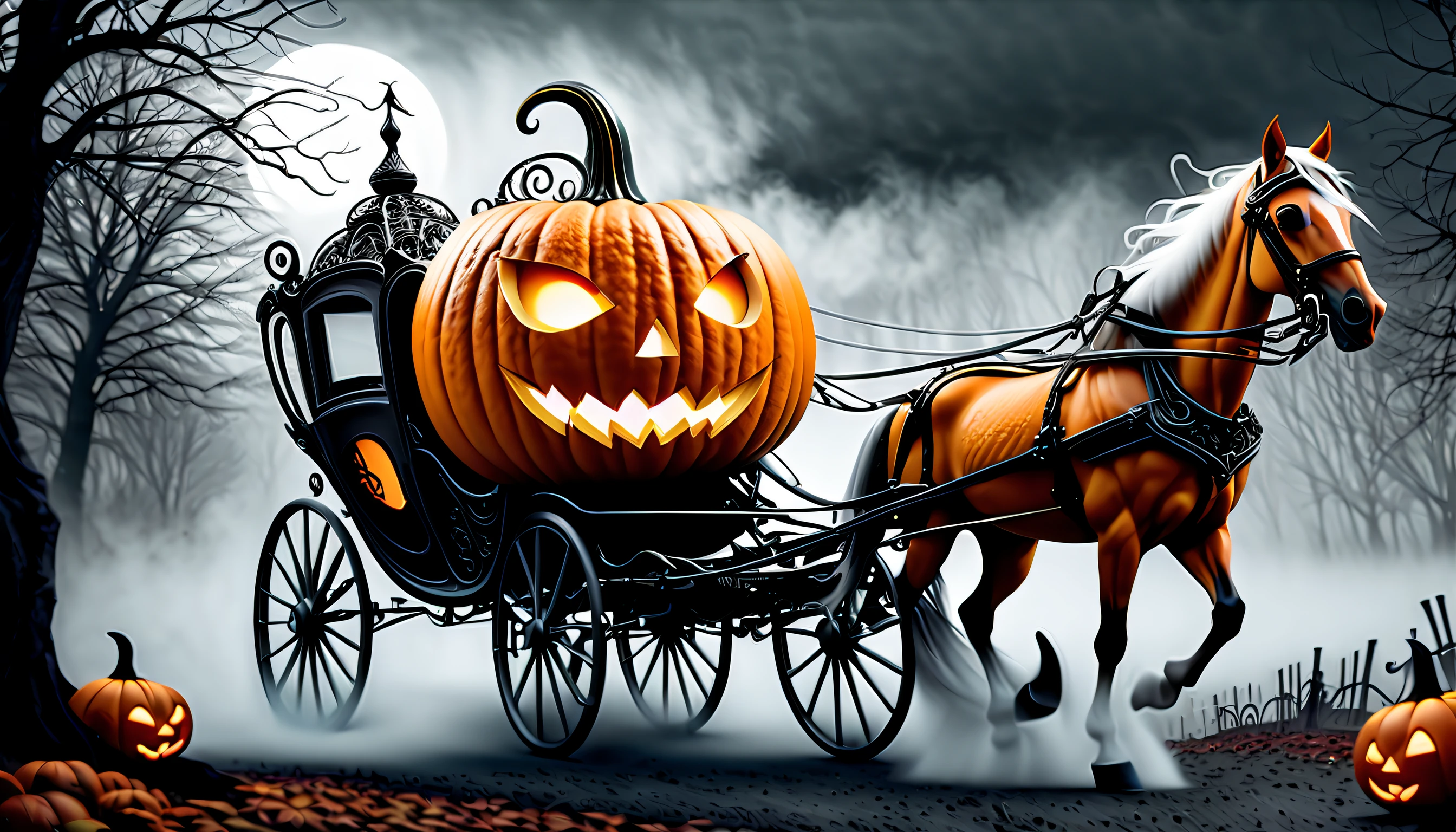 (((Imagine a visually striking stunning illustration of a Pumpkin Carriage with Nightmare horse covered in nightmare mist:1.3))), ((outside gray wolf is run:1.3)), (fused lamp and Halloween ghost), good-look witch inside sit, dark fantasy, (surreal whimsical effect:1.1), rich gold, rich colors masterpiece, ((intricate insane details:1.3)), (((blurring and stirring the truth and the lies background detail:1.2))), crushing darkness, fantasy magic atmosphere, dream illustration, high contrast, (conceptual contrast:1.1), realistic style absolute art, (((intricate insane details:1.4))), incredibly realistic, expert precision including intricate examples of undeniably amazing image quality and detailed design, amazing background detail, ultra fine detailed skin, (((epic high quality:1.5))), ((sharp features and impeccable details rendered:1.2)),