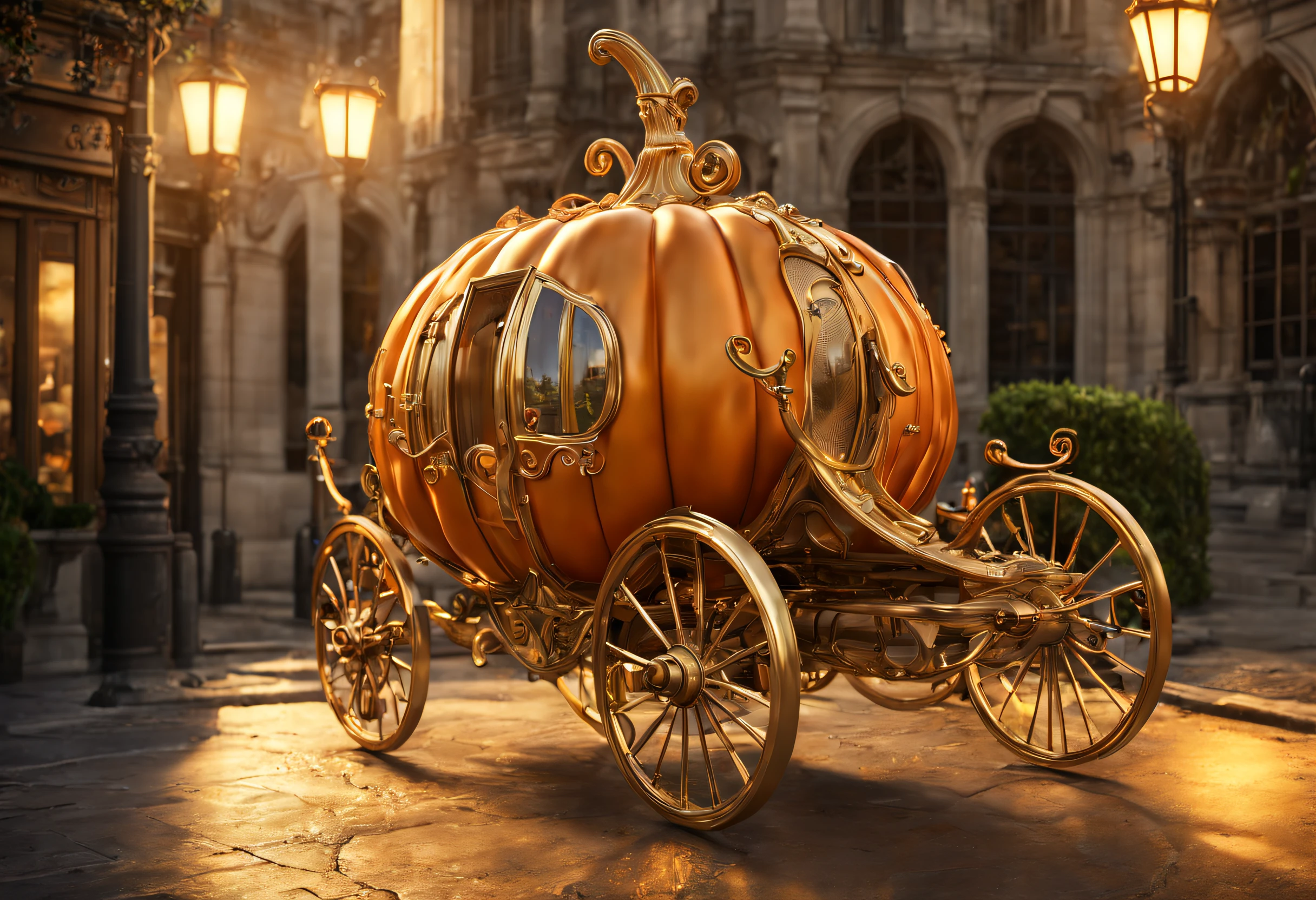 (best quality, 4k, 8k, high resolution, masterpiece: 1.2), ultra detailed, (realistic, photorealistic, photorealistic: 1.37), Cinderella's magical carriage, shaped like a pumpkin, made of gold glass, cinematic lighting, Large camera with photography format. , photo realism, DSLR, 8k uhd, hdr, ultra detailed, high quality, high contrast
