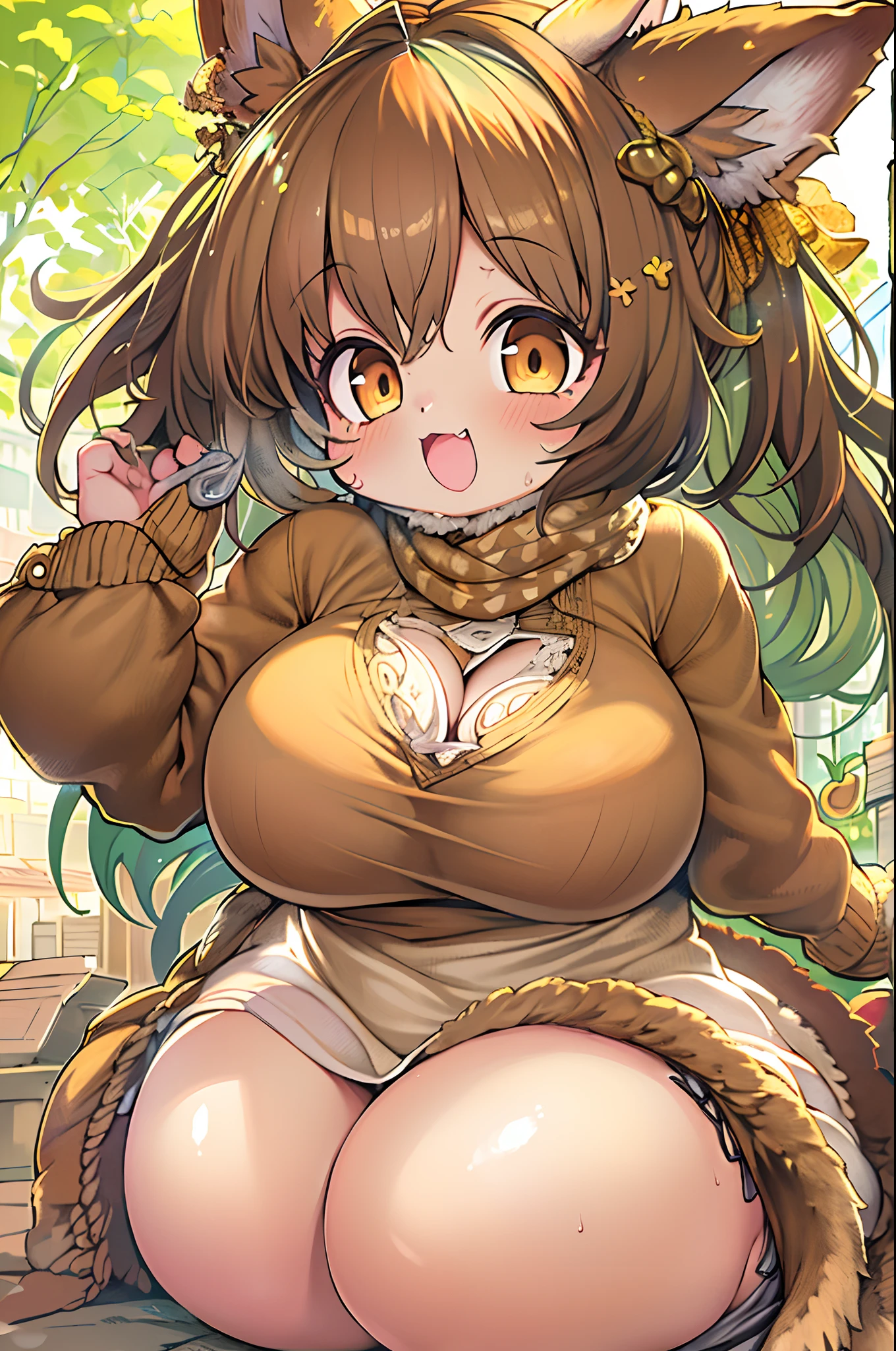 of the highest quality, 1girl in, (Skin Hollow), (large full breasts), (day), Bright, Background blur, Outdoors, (Street:0.6), (hair:1.5), (Blouse:1.5), Gorgeous, (Hair float:1.5), Soft light, Wind, garden, Street,Fox, (Monster Girl), long brown ears with a dark brown inside,,,,, brown fur, Sunburned neck fluff, brown fluffy tail with a yellow-brown tip,,,,, Big brown eyes, wearing modest clothing, masutepiece, Best Quality、Nanachi、Chibi、huge-breasted、bbw、Ultramammy、Doing laundry