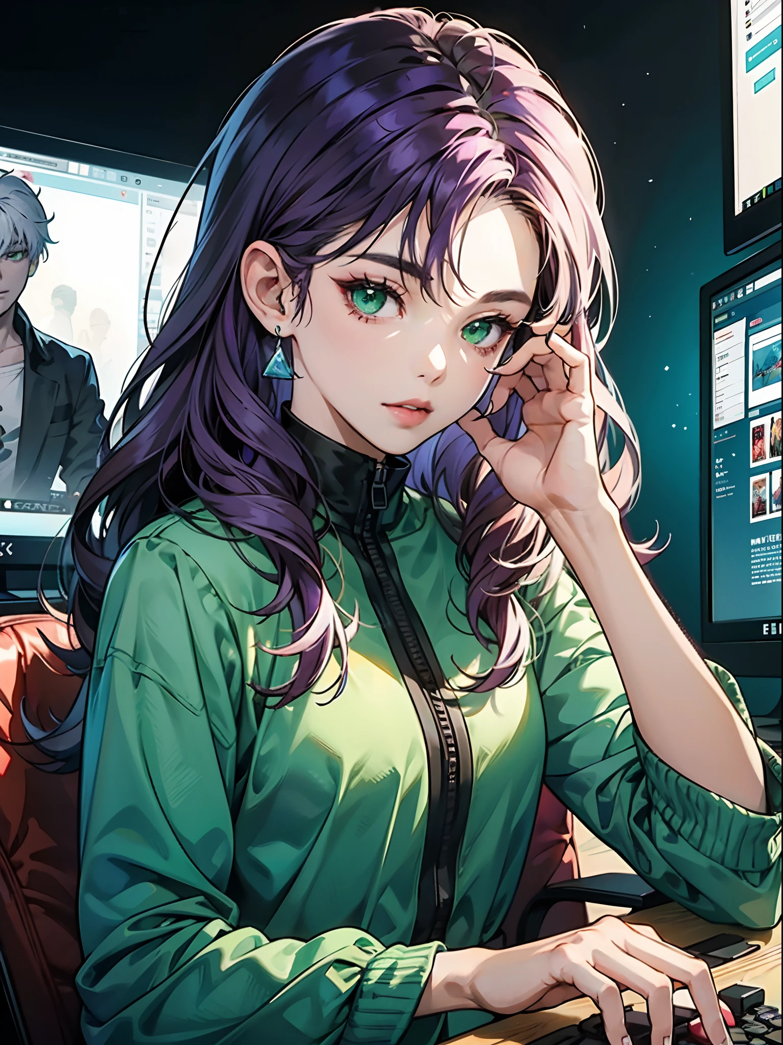 Purple hair,Green eyes,Playing games,anime illustrated,femele,Gaming PC,darkened room,Green and blue light