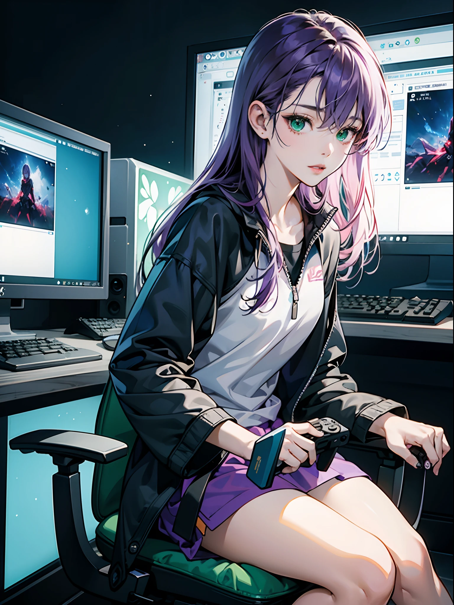 Purple hair,Green eyes,Playing games,anime illustrated,femele,Gaming PC,darkened room,Green and blue light