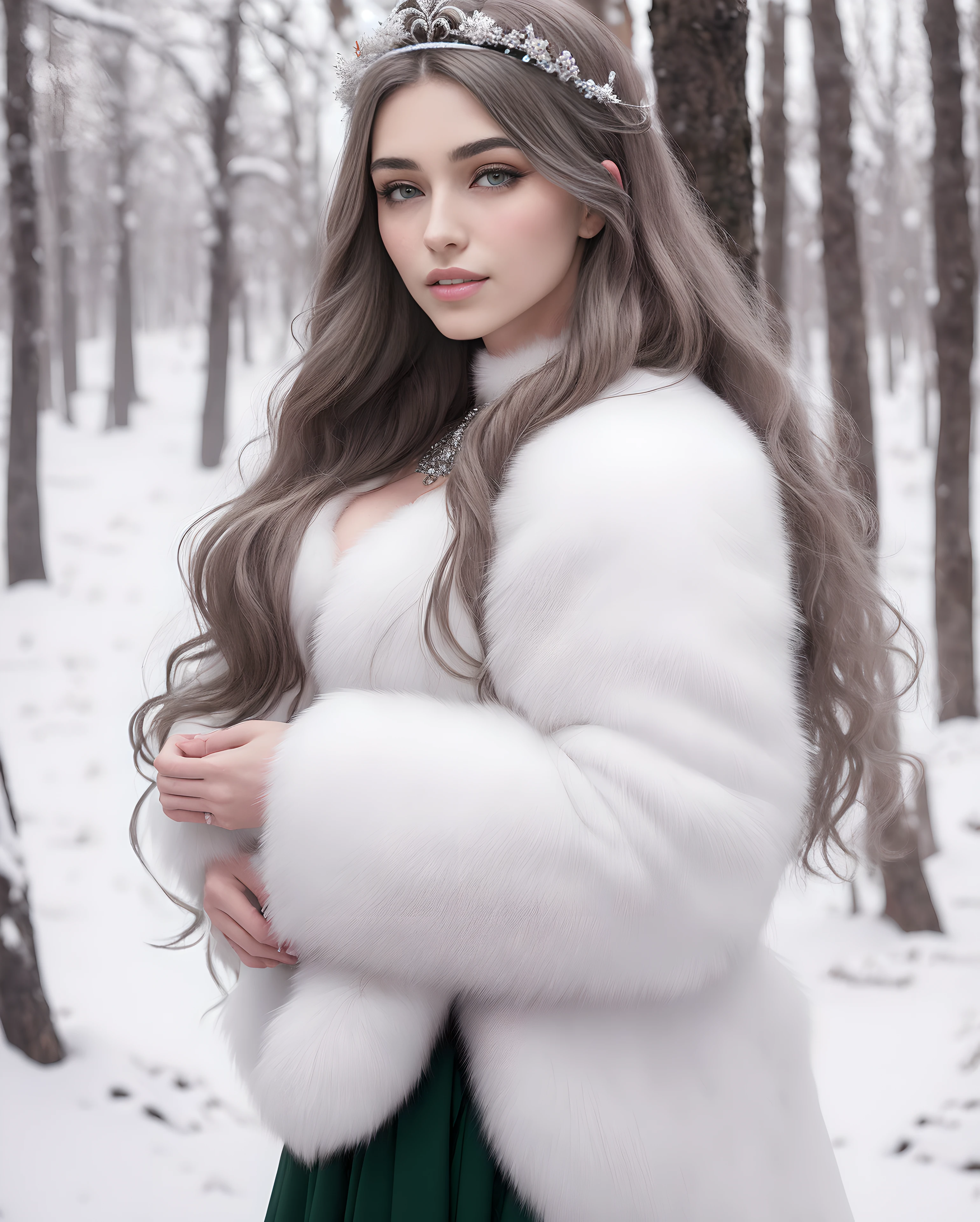 (Masterpiece, Best Quality), Snowy day, half body shot , Side Shot, 25-year-old pointy-eared elf, Long wavy ash hair, big green eyes, A detailed eye, flower tiara, sultry flirtatious look, Body jewelry, little chest, The Goddess of Winter, White fluffy fur coat with waist-length fur collar, in RAW format, 8K, Top Quality, Masterpiece, (See the camera: 1.3), photo, (Beautiful), Winter forest background during snowfall.