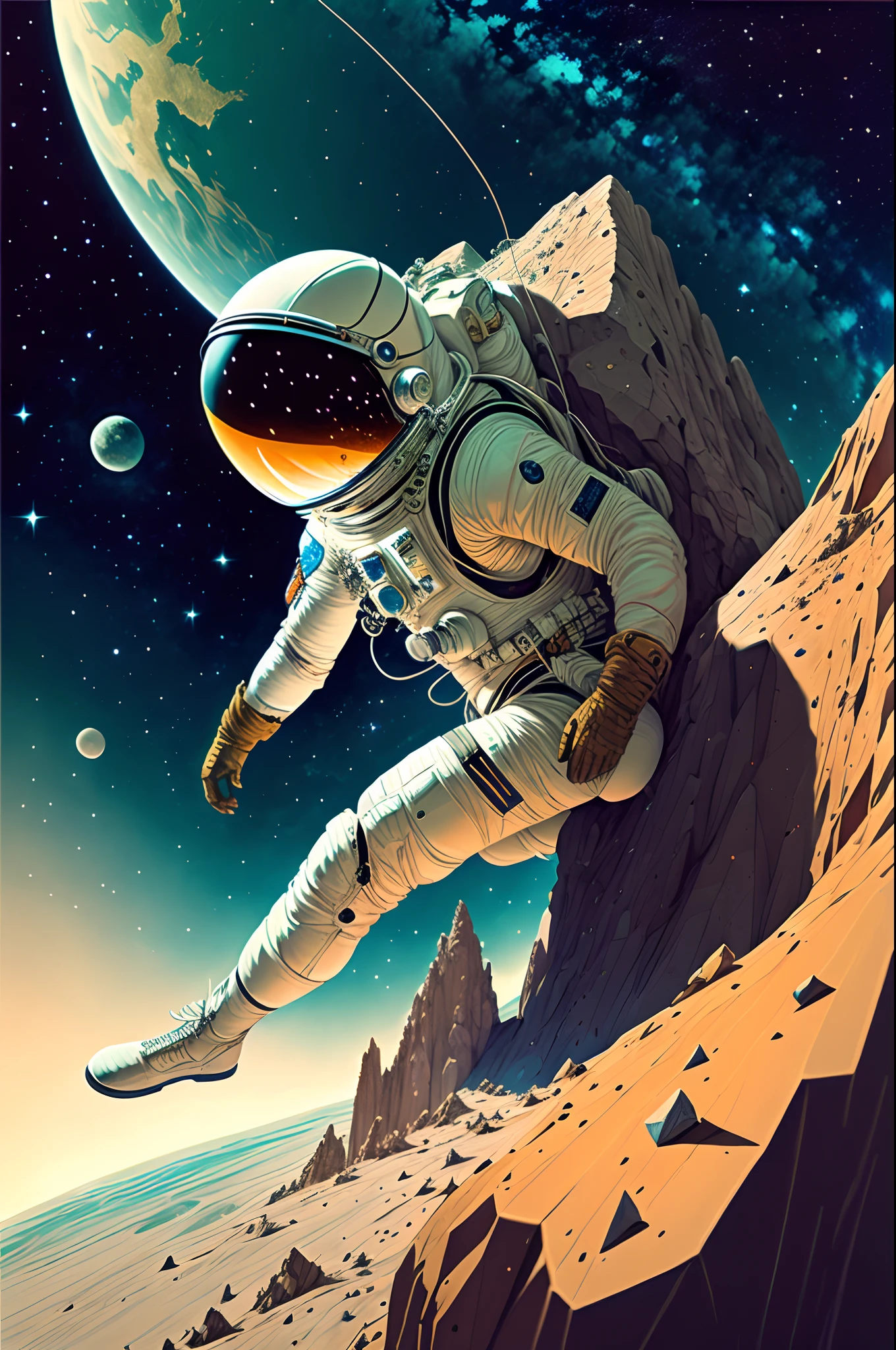 The astronaut, climbing the asteroid