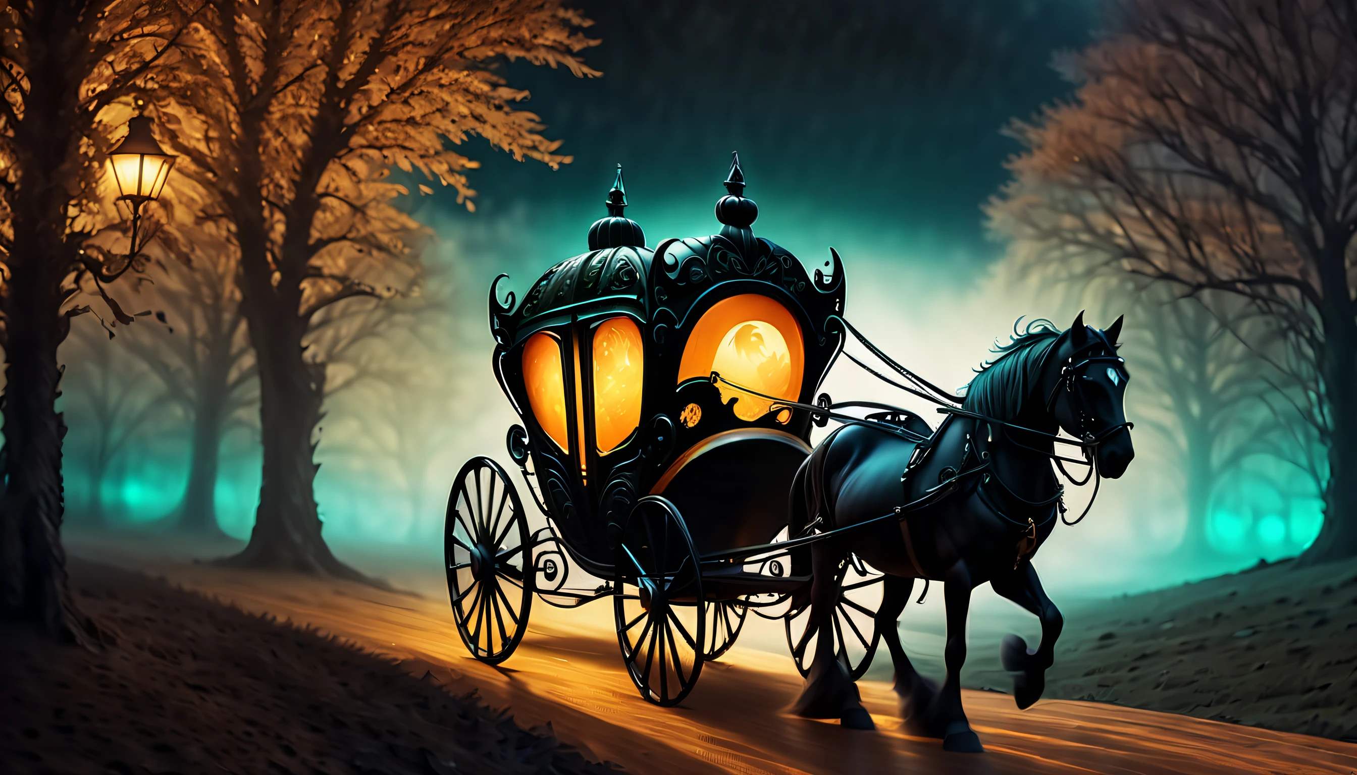 (((Imagine a visually striking stunning illustration of a Pumpkin Carriage with Nightmare horse covered in nightmare mist:1.3))), (inside sit gray wolf:1.1), tree lamp, Halloween ghost, good-look witch inside sit, dark fantasy, (surreal whimsical effect:1.1), rich gold, dark cyan green, rich colors masterpiece, ((intricate insane details:1.3)), (((blurring and stirring the truth and the lies background detail:1.2))), crushing darkness, fantasy magic atmosphere, dream illustration, high contrast, (conceptual contrast:1.1), realistic style absolute art, intricate details, incredibly realistic, expert precision including intricate examples of undeniably amazing image quality and detailed design, amazing background detail, ultra fine detailed skin, (((epic high quality:1.5))), ((sharp features and impeccable details rendered:1.2)),