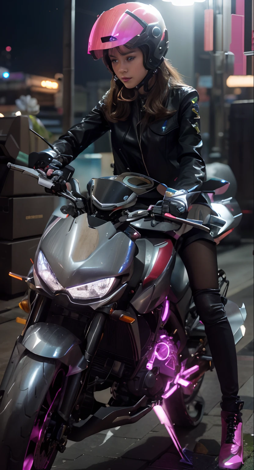 Highest image quality, outstanding details, ultra-high resolution, (realism: 1.4), the best illustration, favor details, highly condensed 1girl, with a delicate and beautiful face, dressed in a black and fuschia mecha, wearing a mecha helmet, holding a directional controller, riding on a motorcycle, the background is a high-tech lighting scene of the future city.