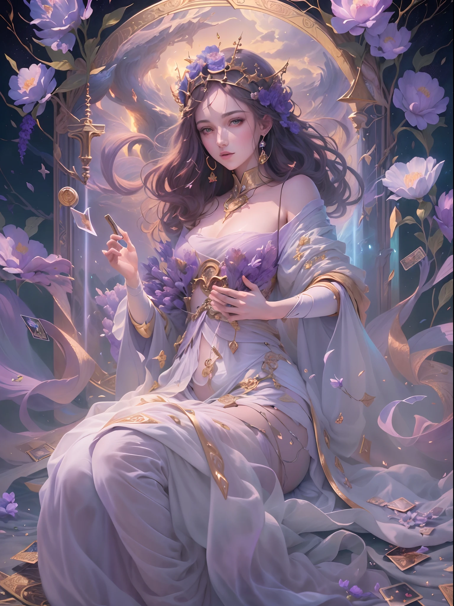 ((Best quality)) , ((Masterpiece)) , (Detailed) ，(Tarot card illustration:1.3),Room Wear, Gorgeous digital artwork, Ethereal magical atmosphere, (American beauty:1.3), Lavender shades, quantum wavetracing, 超高分辨率, 8K resolution