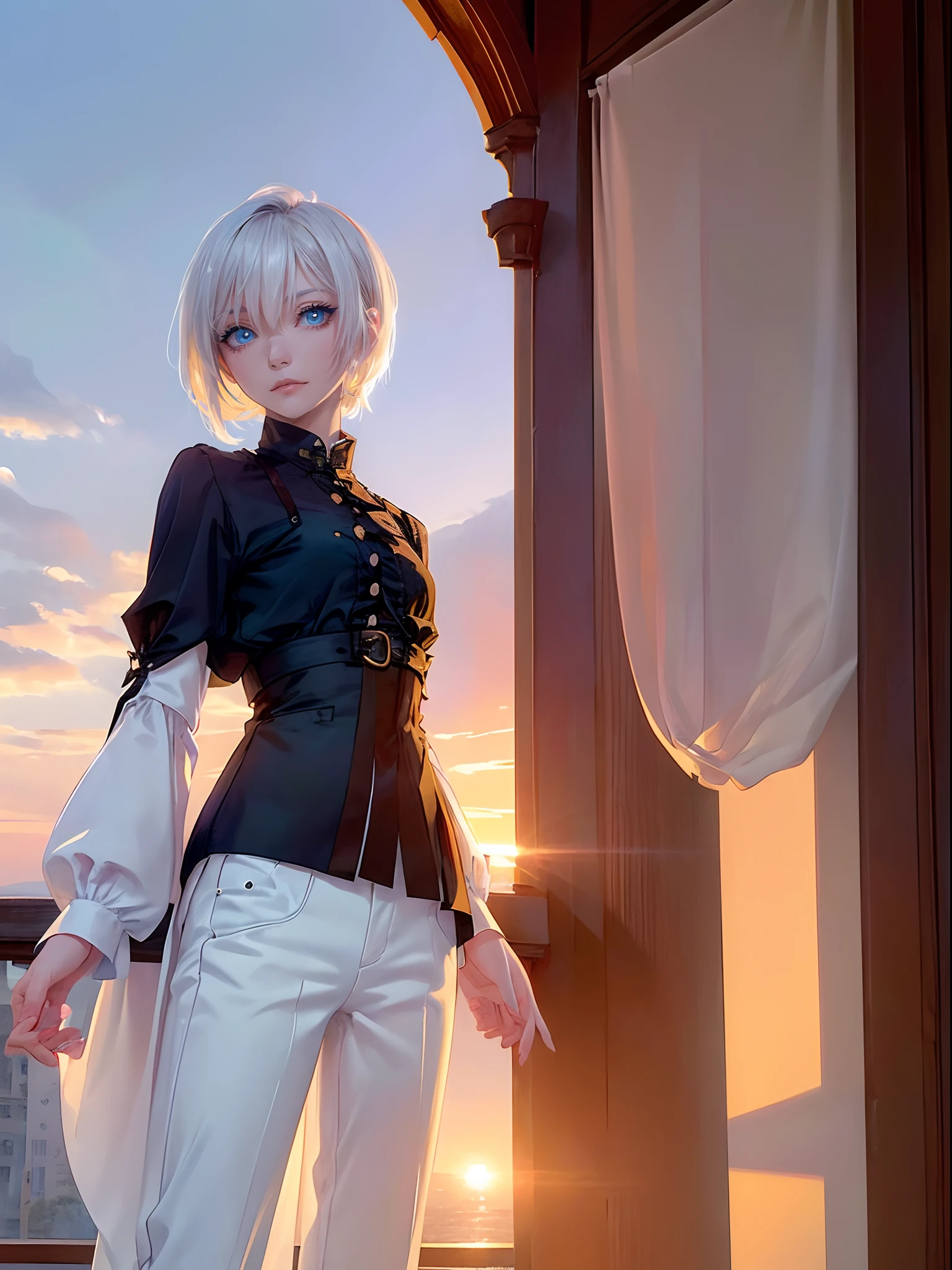 ((4K works))、​masterpiece、(top-quality)、One Beautiful Girl、Slim body、tall、((Black Y-shirt and white pants、Charming street style))、(Detailed beautiful eyes)、Stylish English balcony、Castles inhabited by nobles、Black shop window、Balcony in the evening、((rays of sunshine))、((Shot on a stylish veranda))、the setting sun、((Face similar to Carly Rae Jepsen))、((Short-haired white hair))、((Smaller face))、((Neutral face))、((Bright blue eyes))、((American adult women))、((Adult female 26 years old))、((cool lady))、((Like a celebrity))、((Wild look))、((Korean Makeup))、((elongated and sharp eyes))、((Happy dating))、((boyish))、((Upper body photography))、Professional Photos、((Shot alone))、((shot from back))、((Shot in close proximity to her))、((Focus zoom in))、((She is watching the sunset))、((She standing on the balcony))