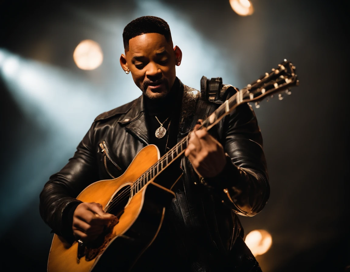 Imagine Fotografia do will smith tocando guitarra em um show de rock com jaqueta de couro, show de rock,